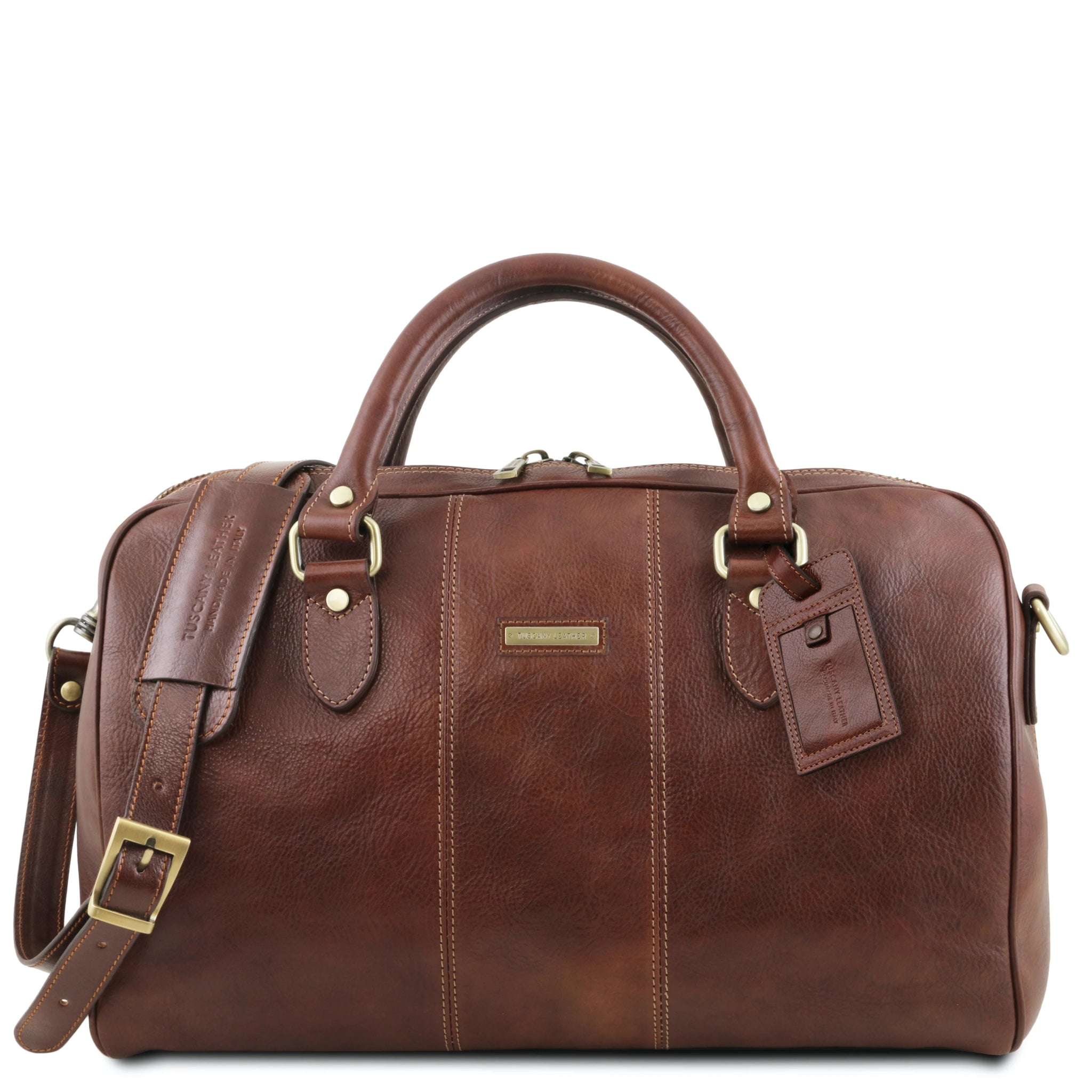Lisbona Travel Leather Duffle Bag in Brown Small size front view on a white background, burnished gold tone hardware