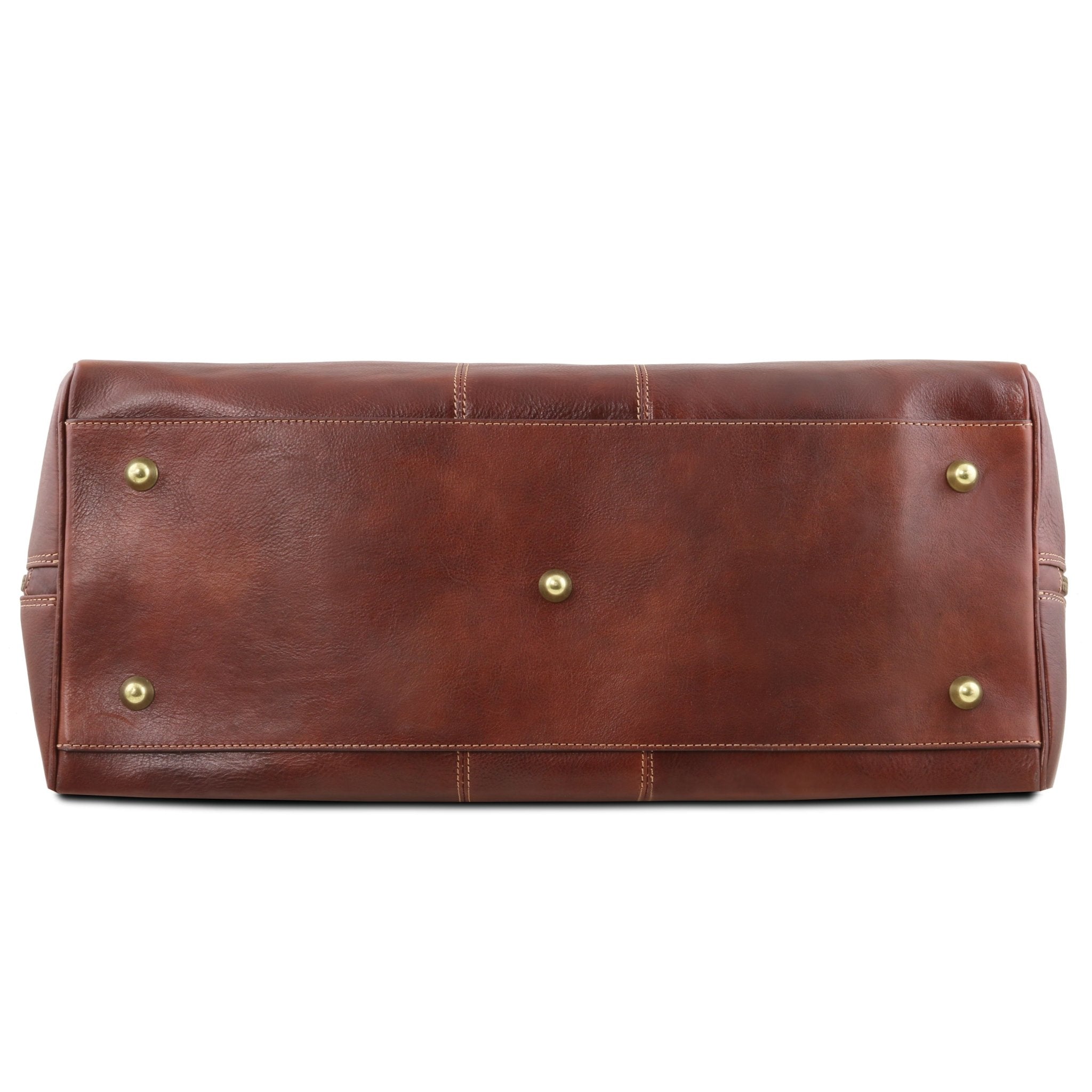Lisbona Travel Leather Duffle BagLarge Size in Brown Bottom View with golden metal feet on white background