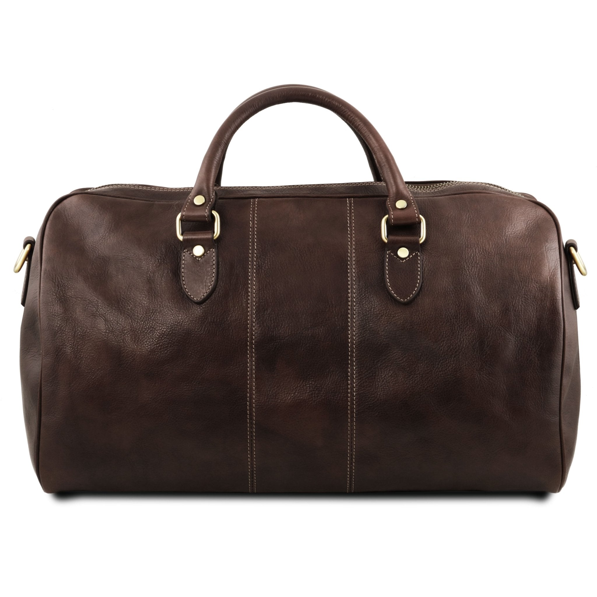 Lisbona Travel Leather Duffle Bag Dark Brown Interior opened pocket view on a white background