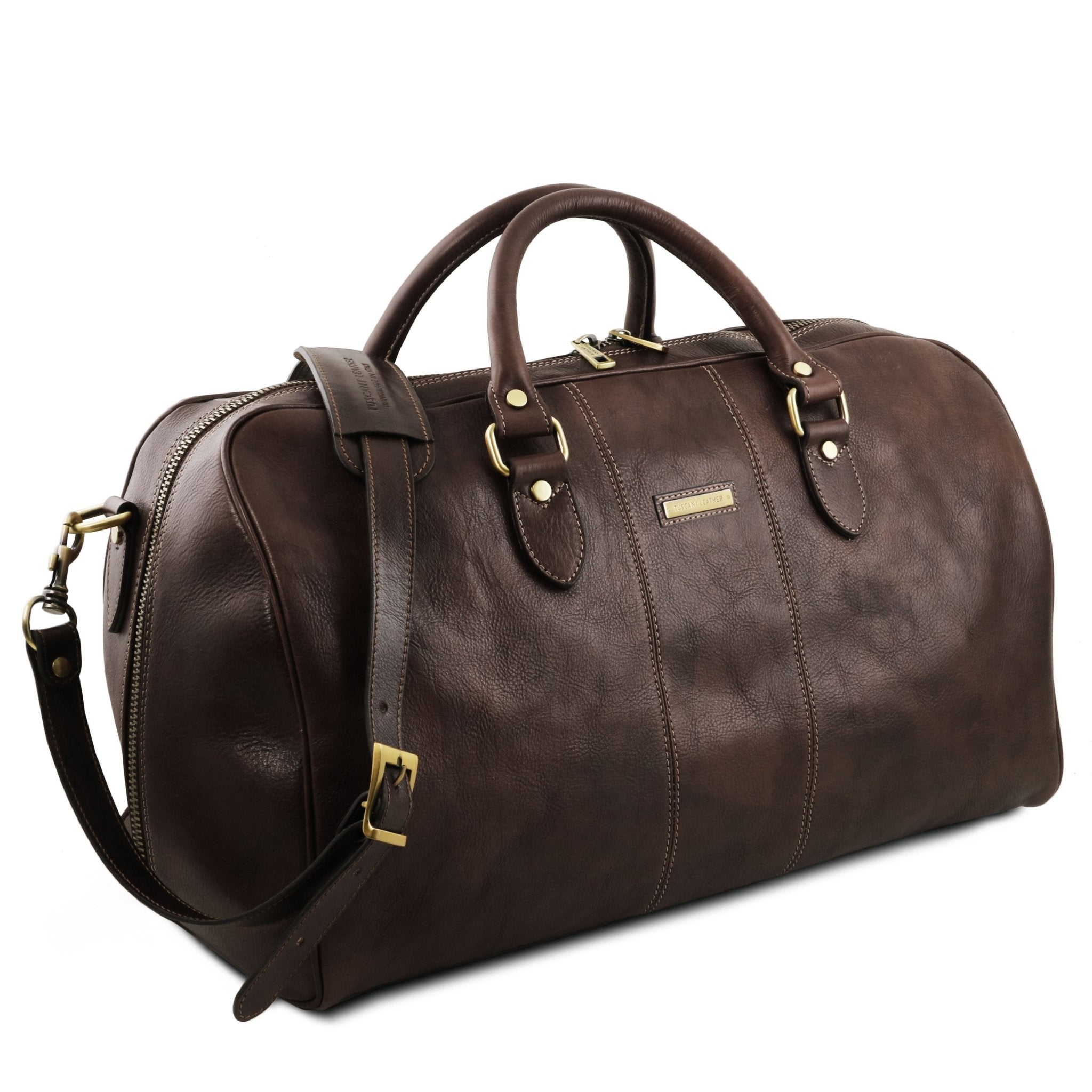 Lisbona Travel Leather Duffle Bag Dark Brown Side View on a white background