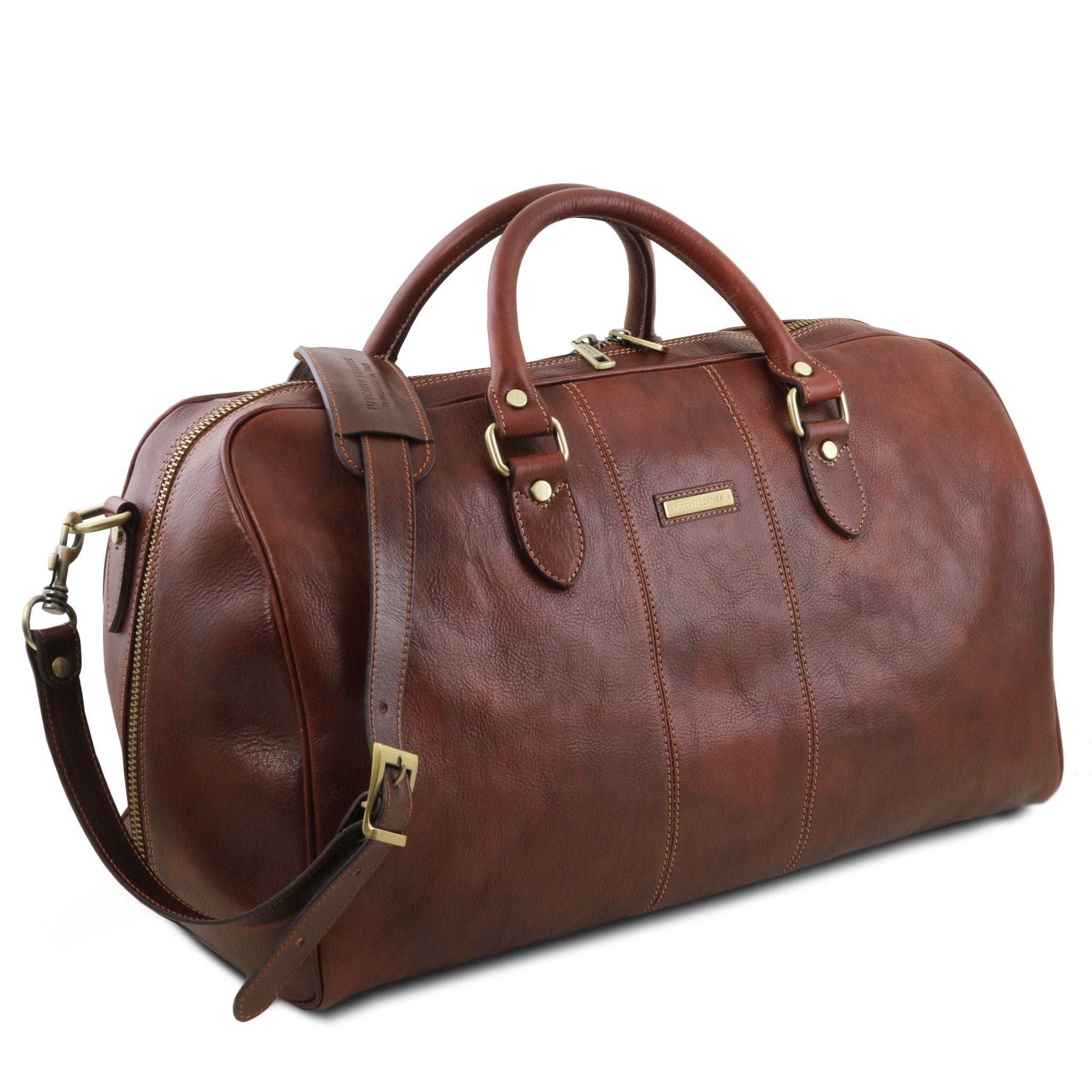 LiLisbona Travel Leather Duffle Bag Dark Brown Side View on a white background