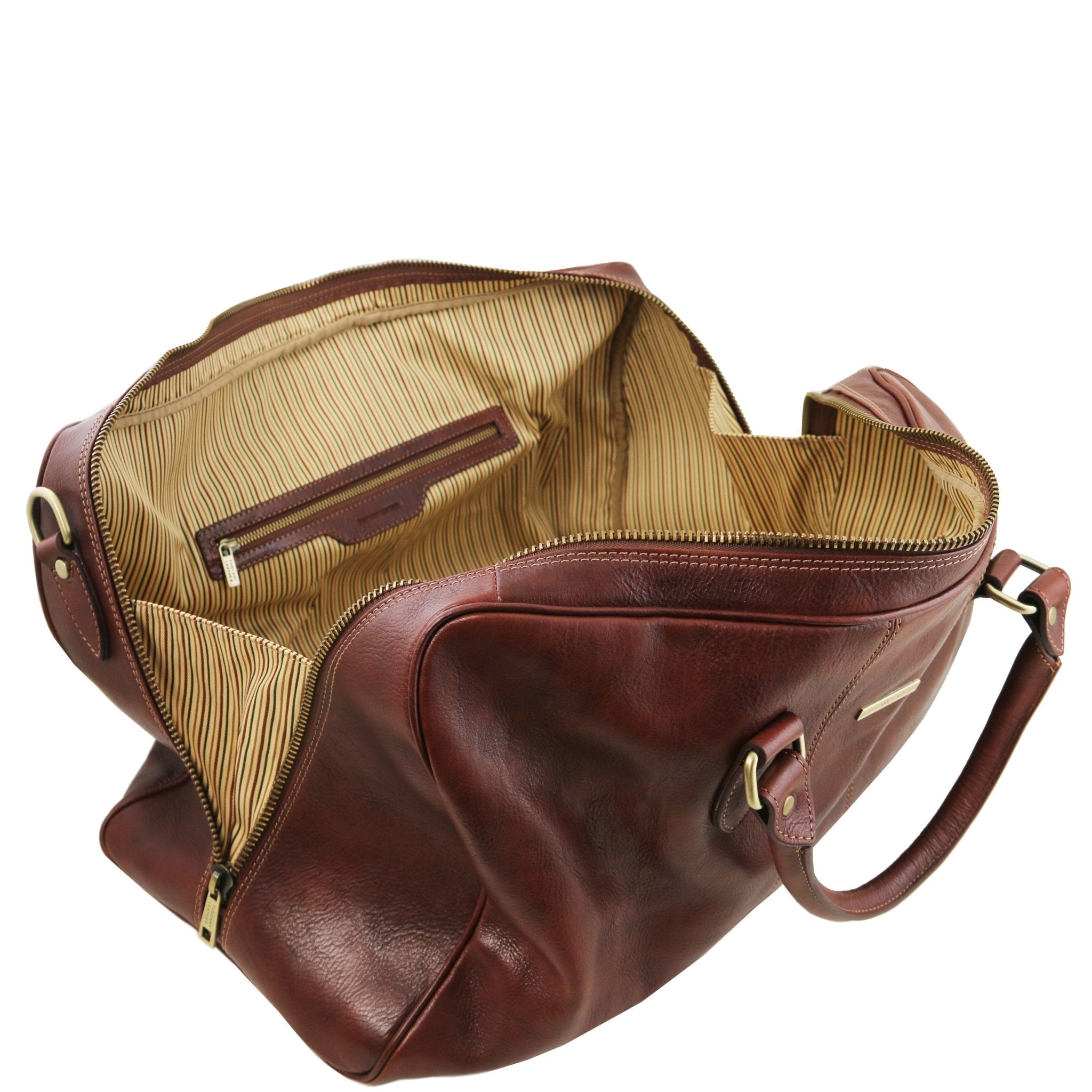 Lisbona Travel Leather Duffle Bag Dark Brown Interior View on a white background -