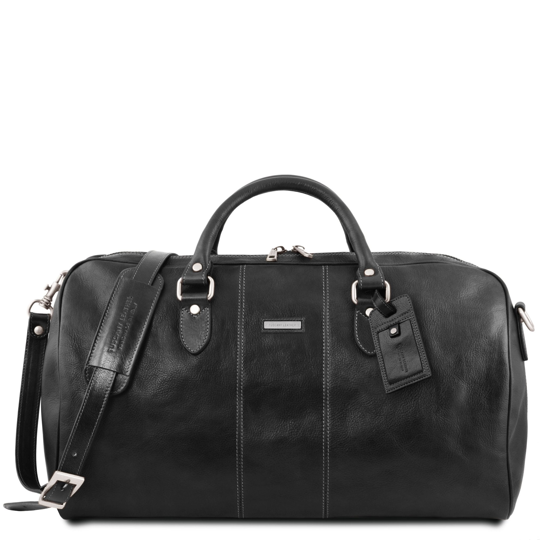 Lisbona Travel Leather Duffle Bag Black Front View on a white background