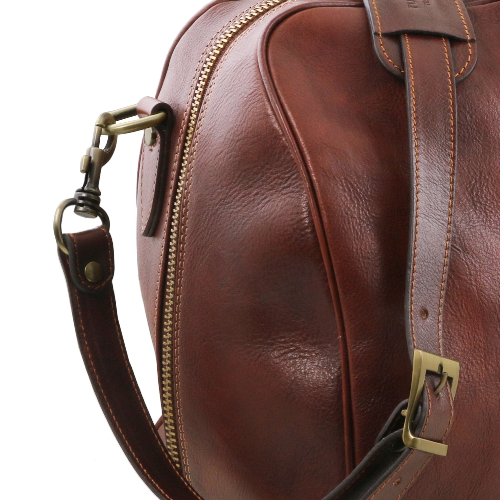 Lisbona Travel Leather Duffle Bag Dark Brown View of leather handle on a white background Global