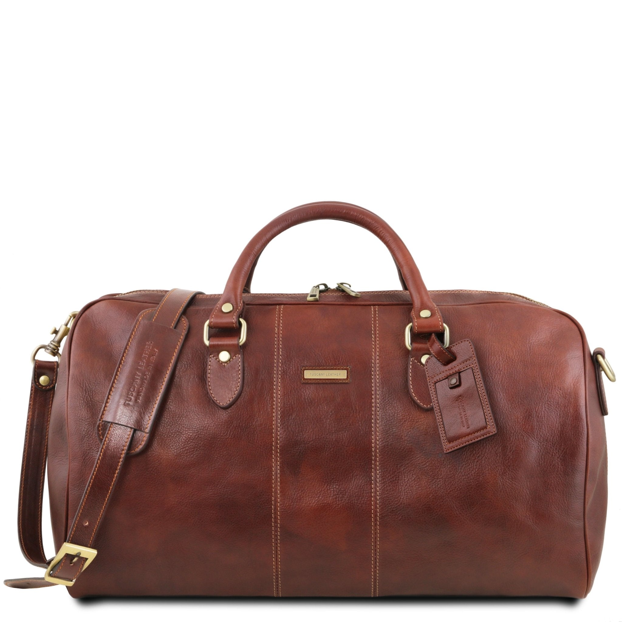 Lisbona Travel Leather Duffle Bag in Brown Front View on a white background