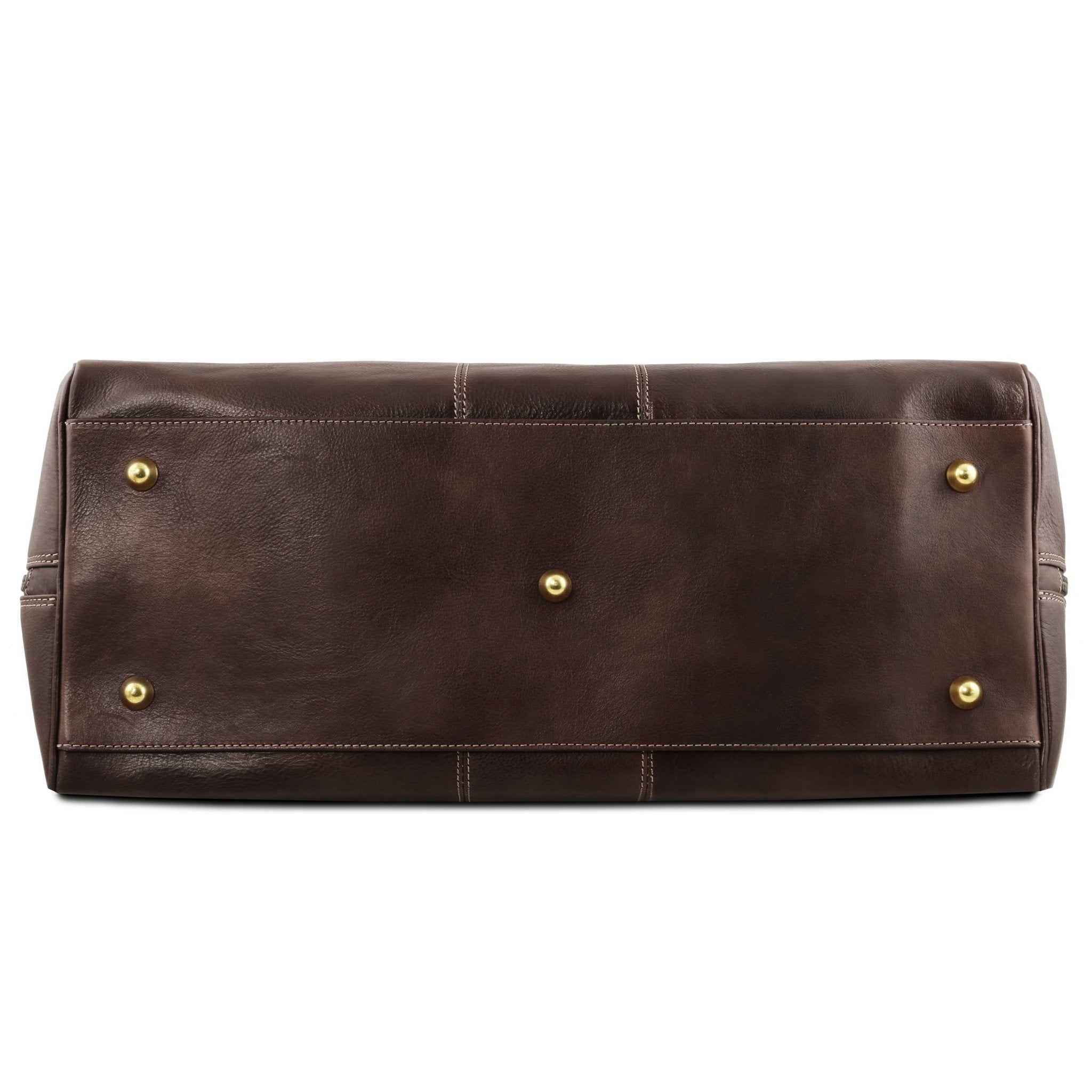 Lisbona Travel Leather Duffle Bag Dark Brown Bottom View with gold metal feet on white background