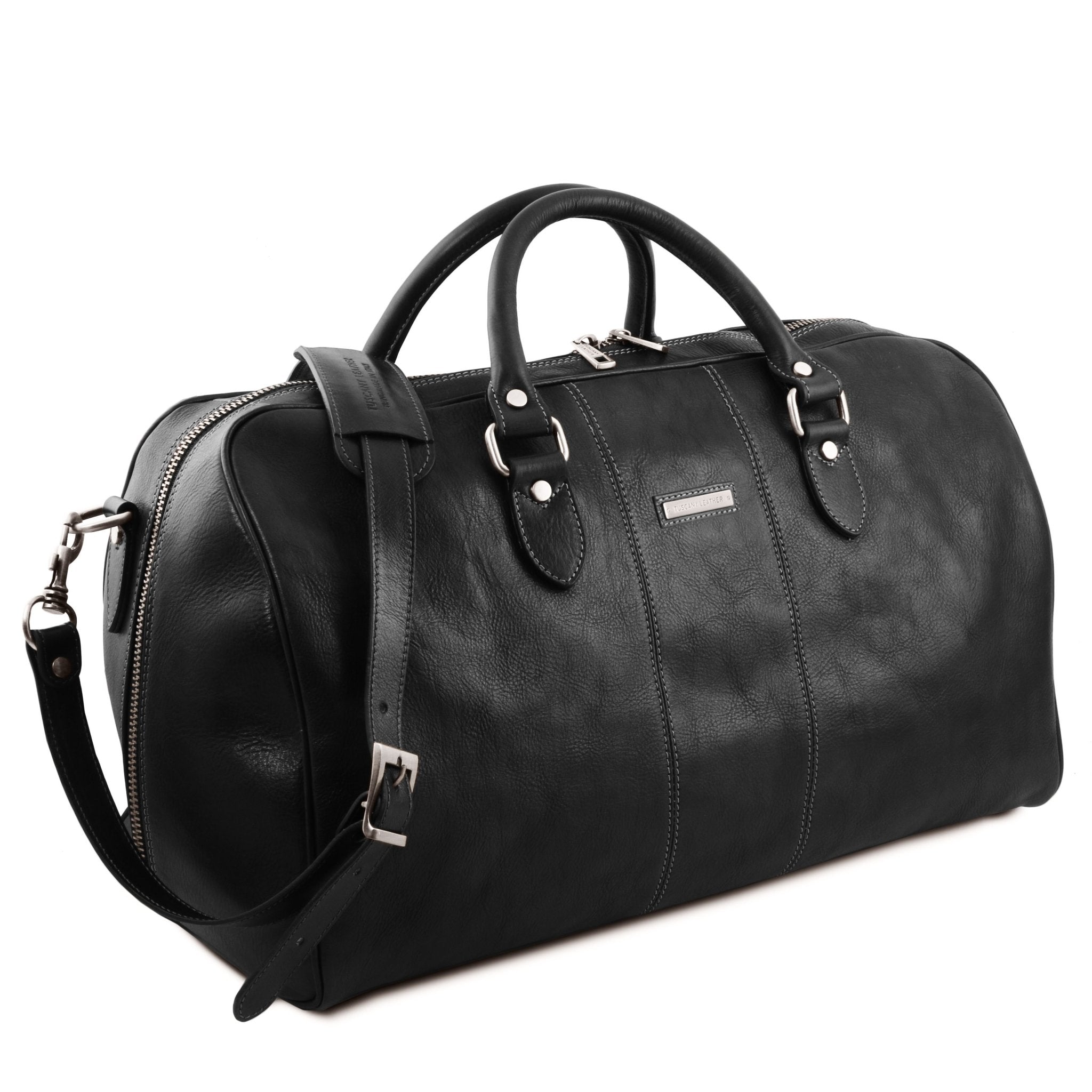Lisbona Travel Leather Duffle Bag Interior zip pocket View on a white background