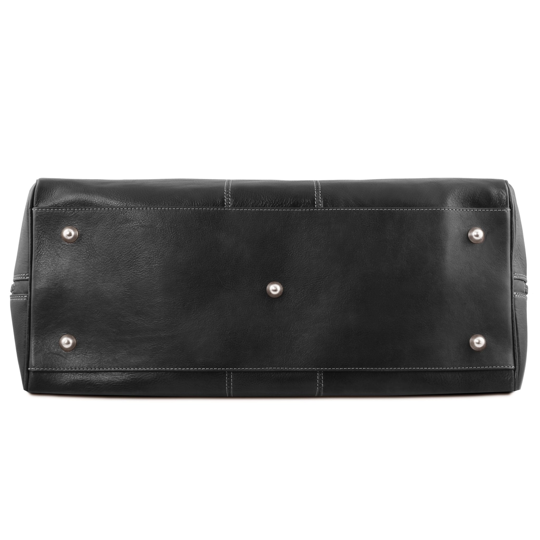 Lisbona Travel Leather Duffle Bag Black Bottom View with golden metal feet on white background