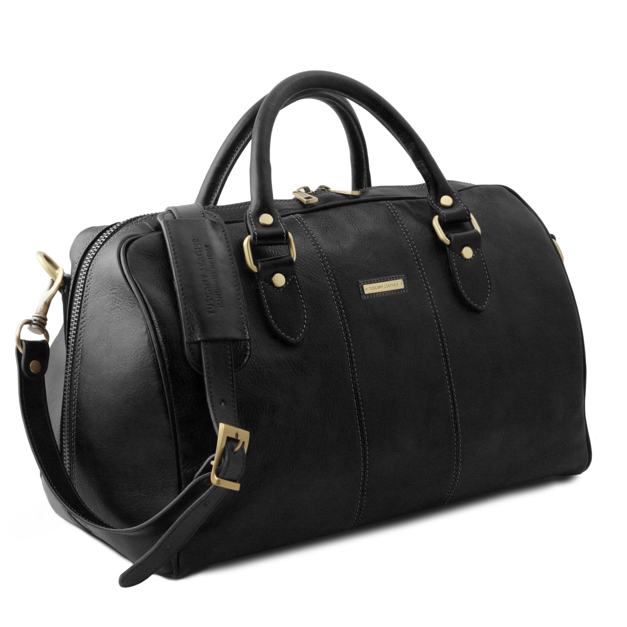 Lisbona Travel Leather Duffle Bag in Black Small size side view on a white background