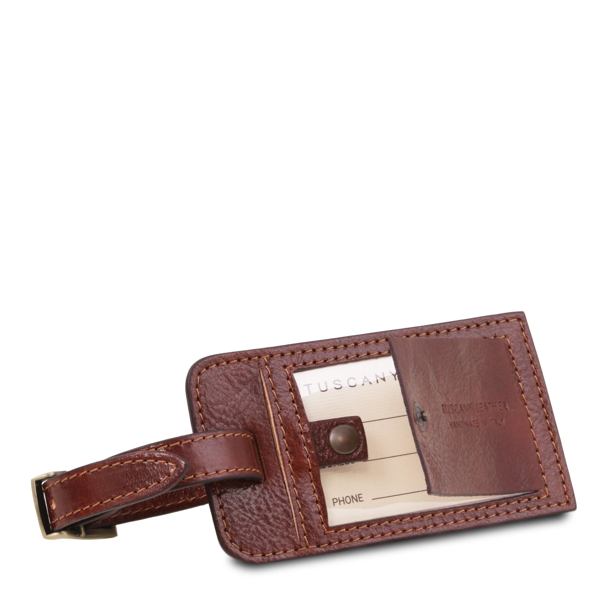 Lisbona Travel Leather Duffle Bag in Brown luggage tag on a white background