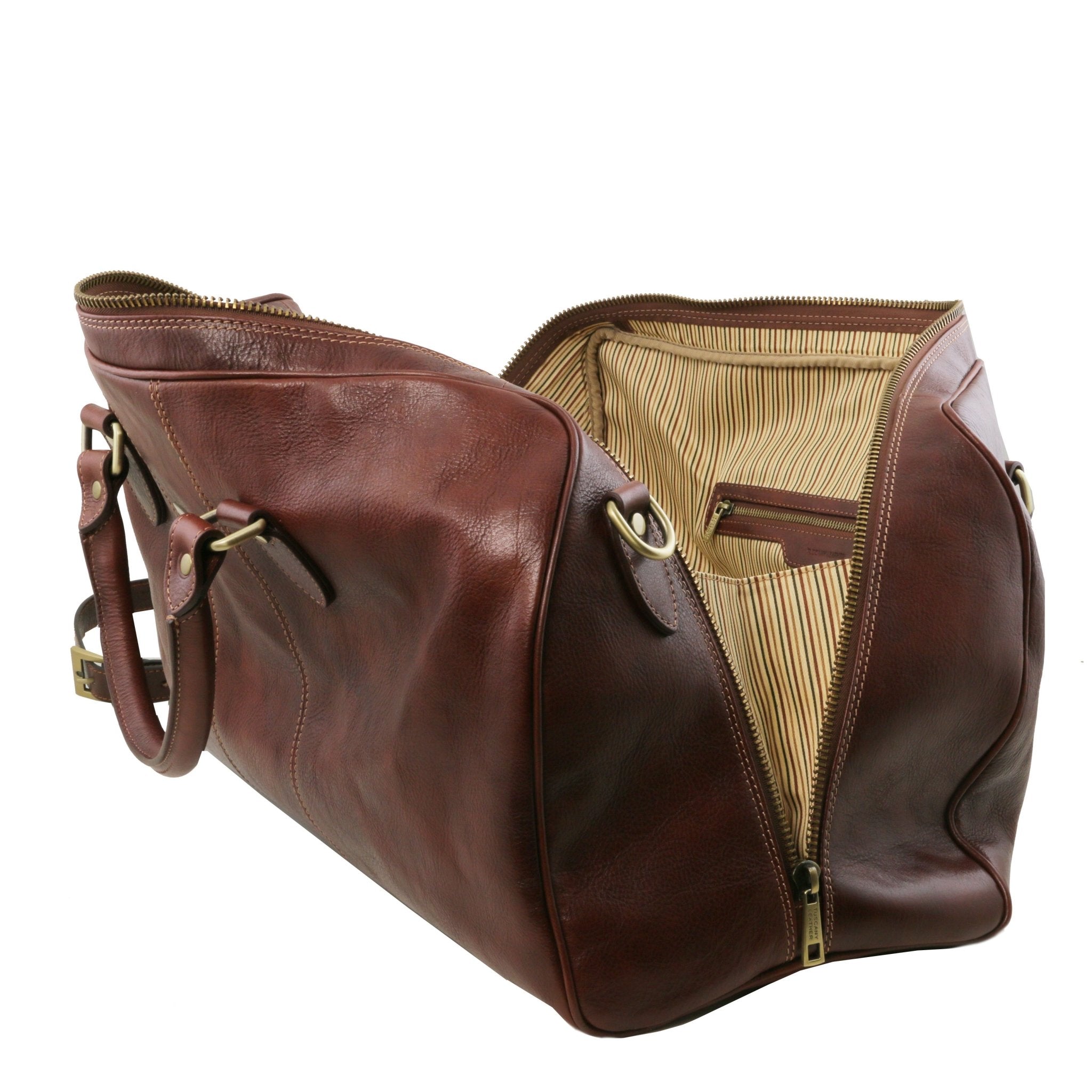 Lisbona Travel Leather Duffle Bag in Brown Small size Interior view on a white background