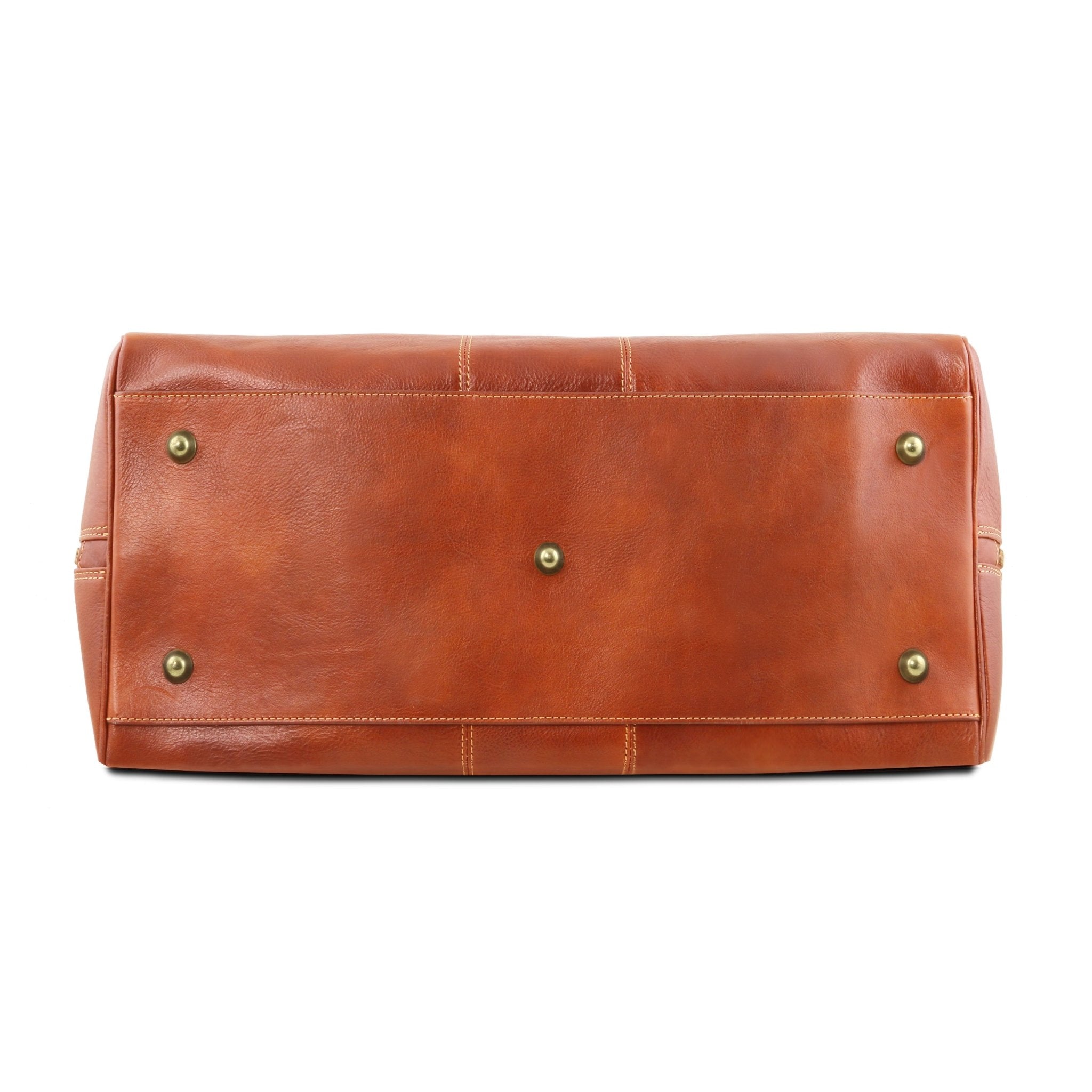 Lisbona Travel Leather Duffle Bag in Honey Small size bottom view, gold metal feet , on a white background