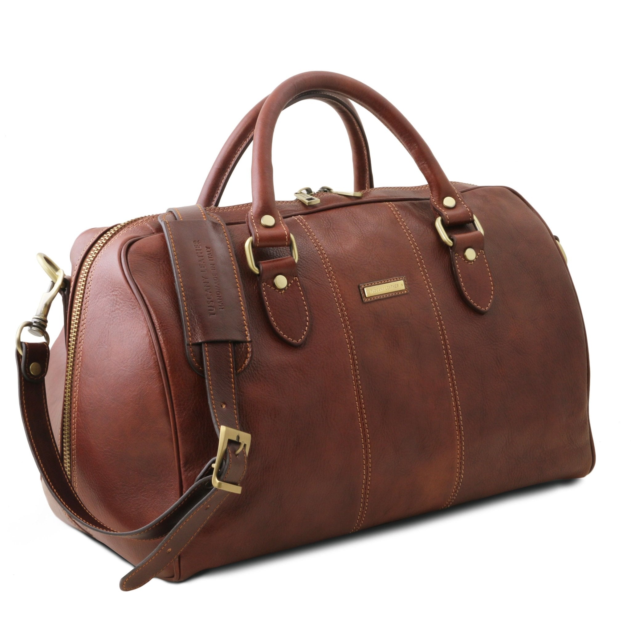Lisbona Travel Leather Duffle Bag in Brown Small size side view on a white background