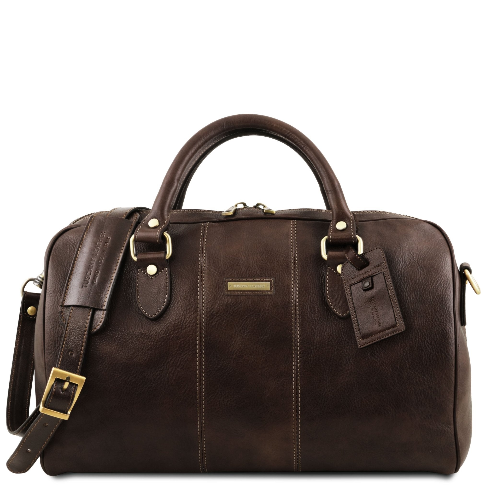 Lisbona Travel Leather Duffle Bag in Dark Brown Small size front view on a white background , burnished gold tone hardware