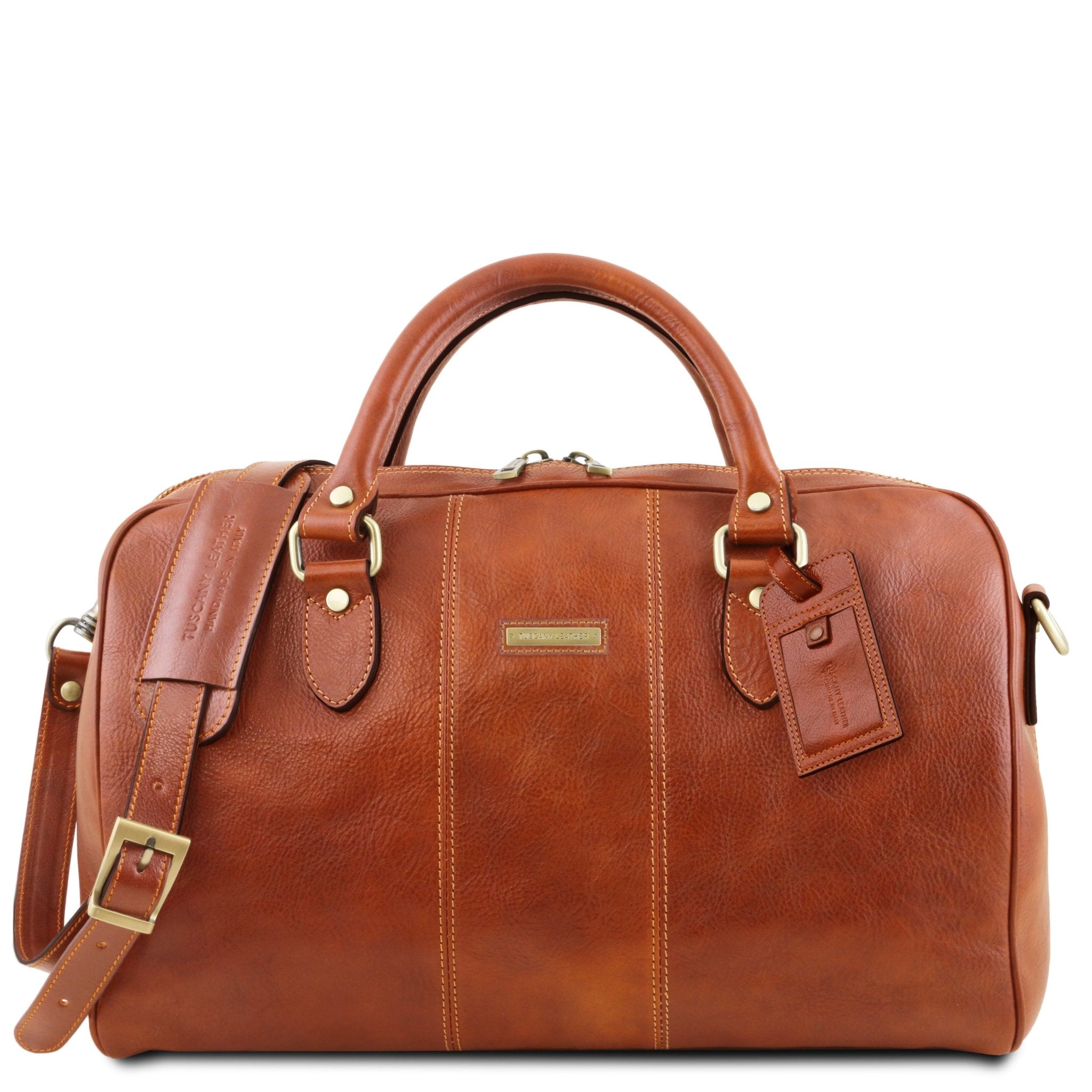 Lisbona Travel Leather Duffle Bag in Honey Small size front view on a white background , burnished gold tone hardware