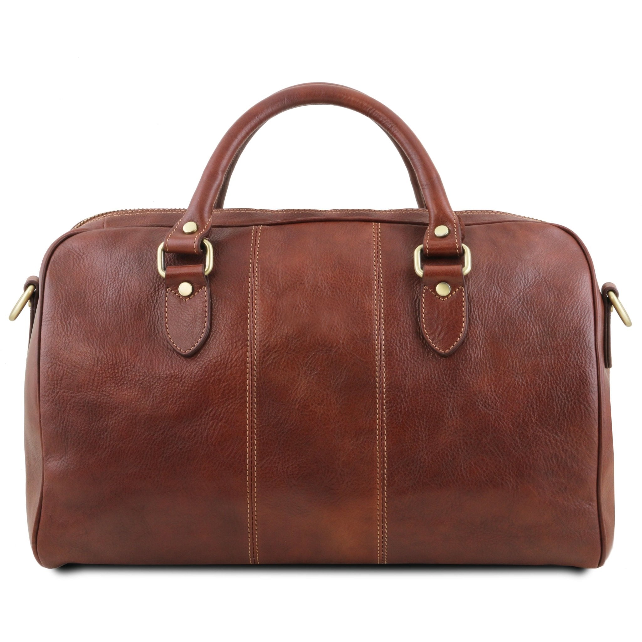 Lisbona Travel Leather Duffle Bag in Brown Small size back view on a white background