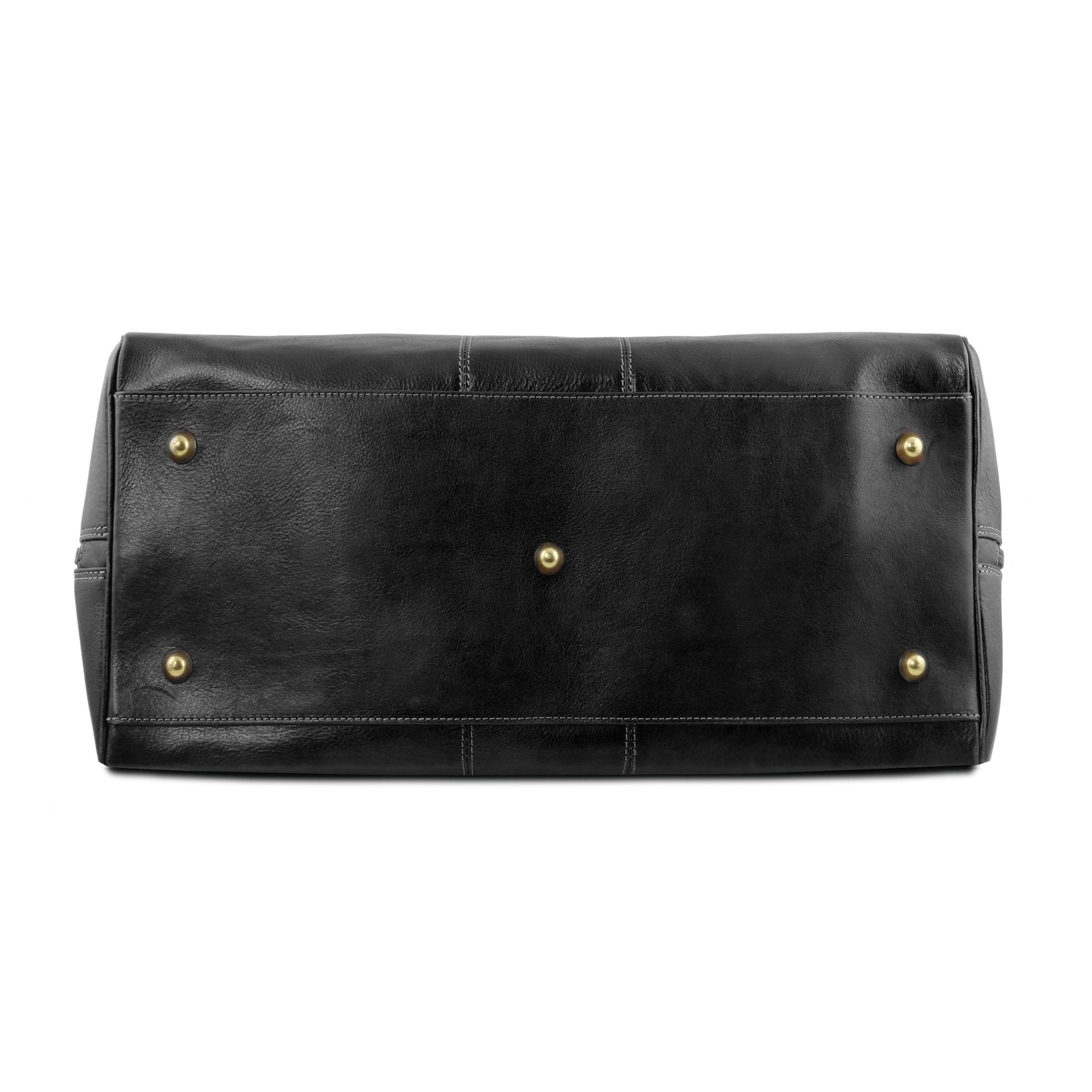 Lisbona Travel Leather Duffle Bag in Black Small size bottom view, gold metal feet , on a white background