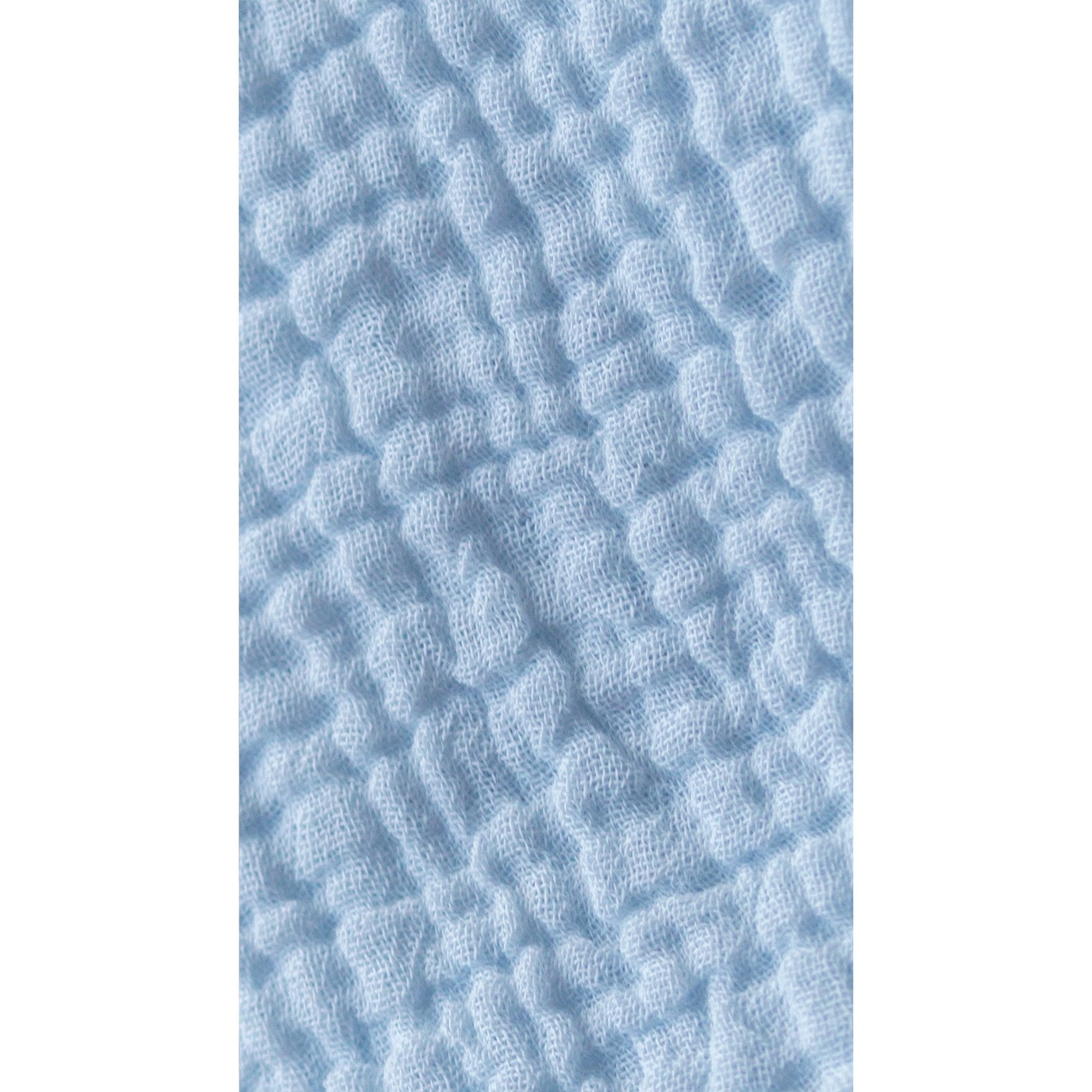 Close up swatch view of the Luxe Luna Kimono Wrap in baby blue showing its lofty, puckered appearance