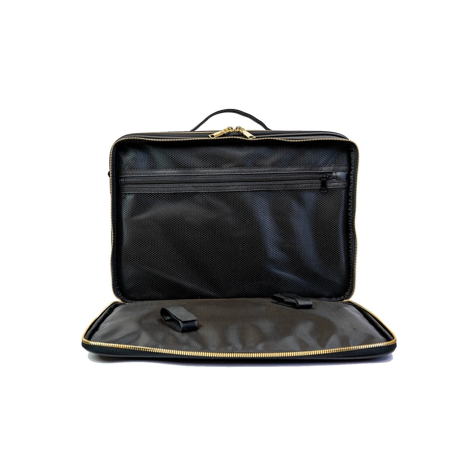 Interior view with of Black Cosmetic Travel Case on a white background