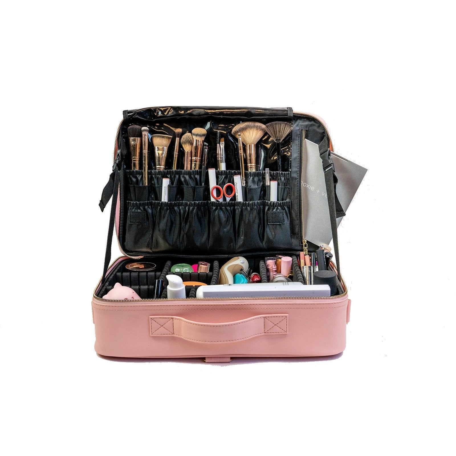 Interior view of Pink Cosmetic Travel Case on.a white background