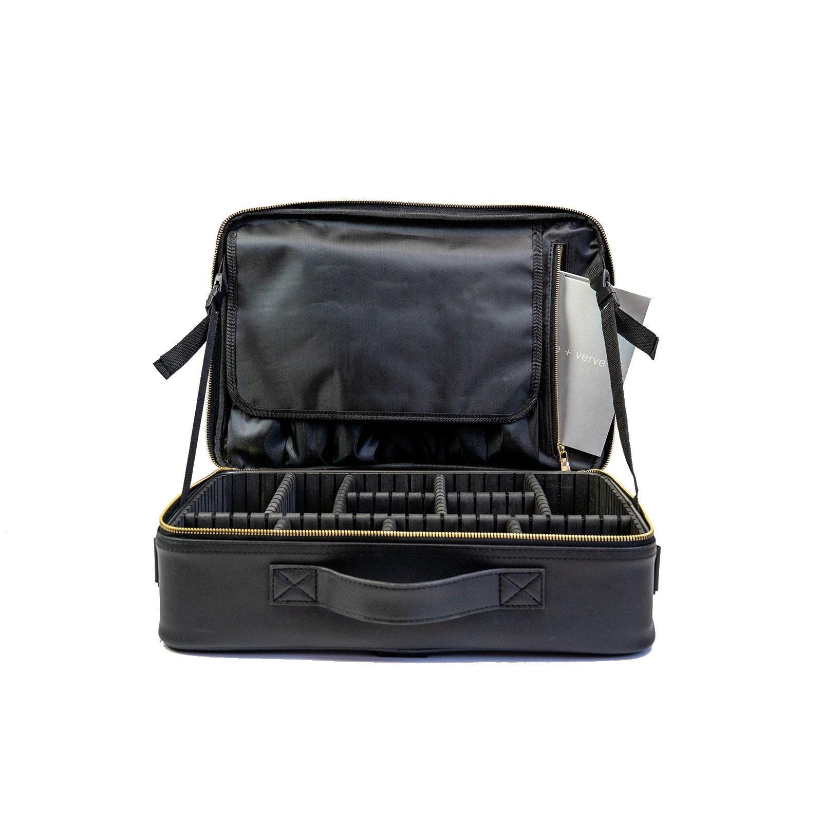 Interior view of Black Cosmetic Travel Case on a white background