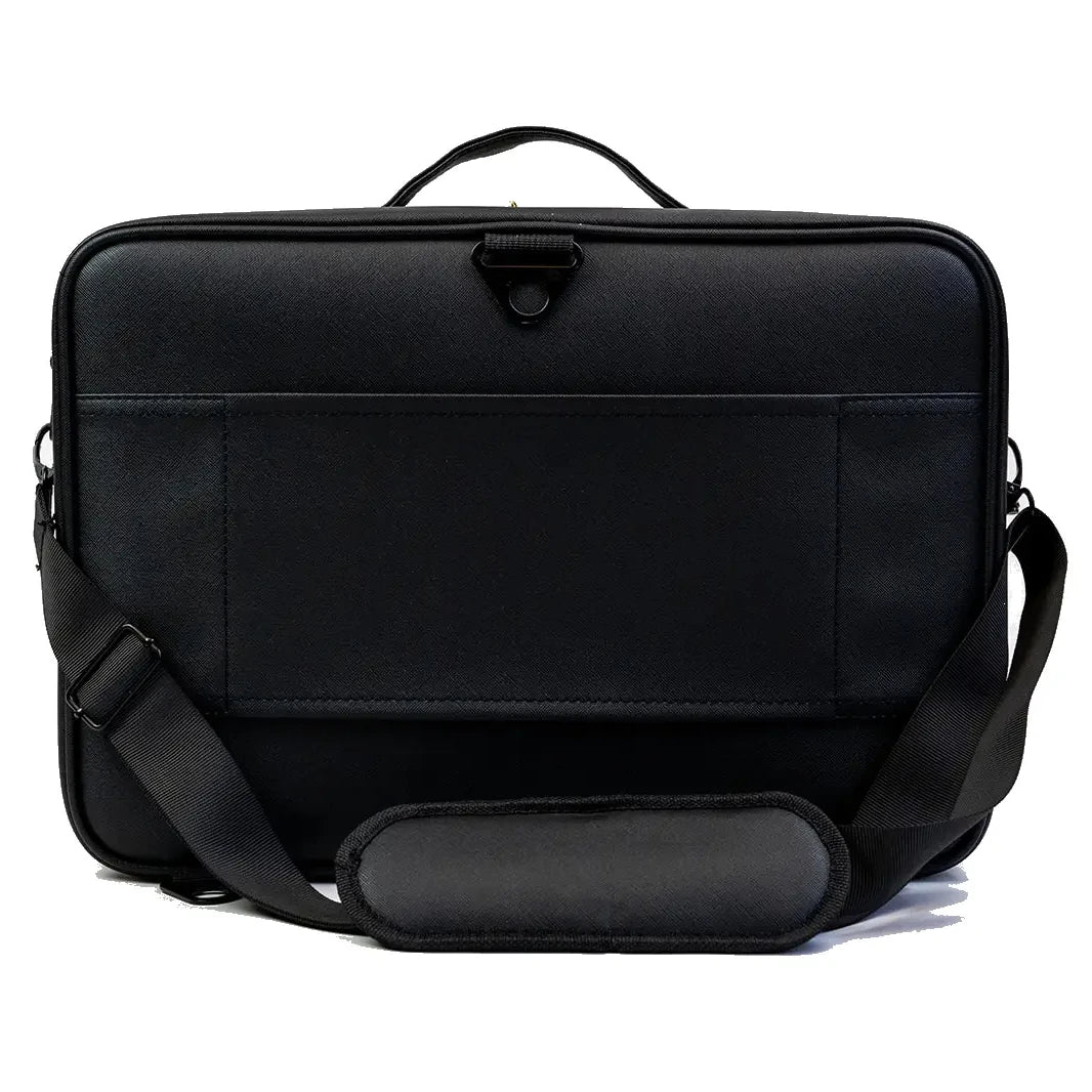 Back view with shoulder strap of Black Cosmetic Travel Case on a white background