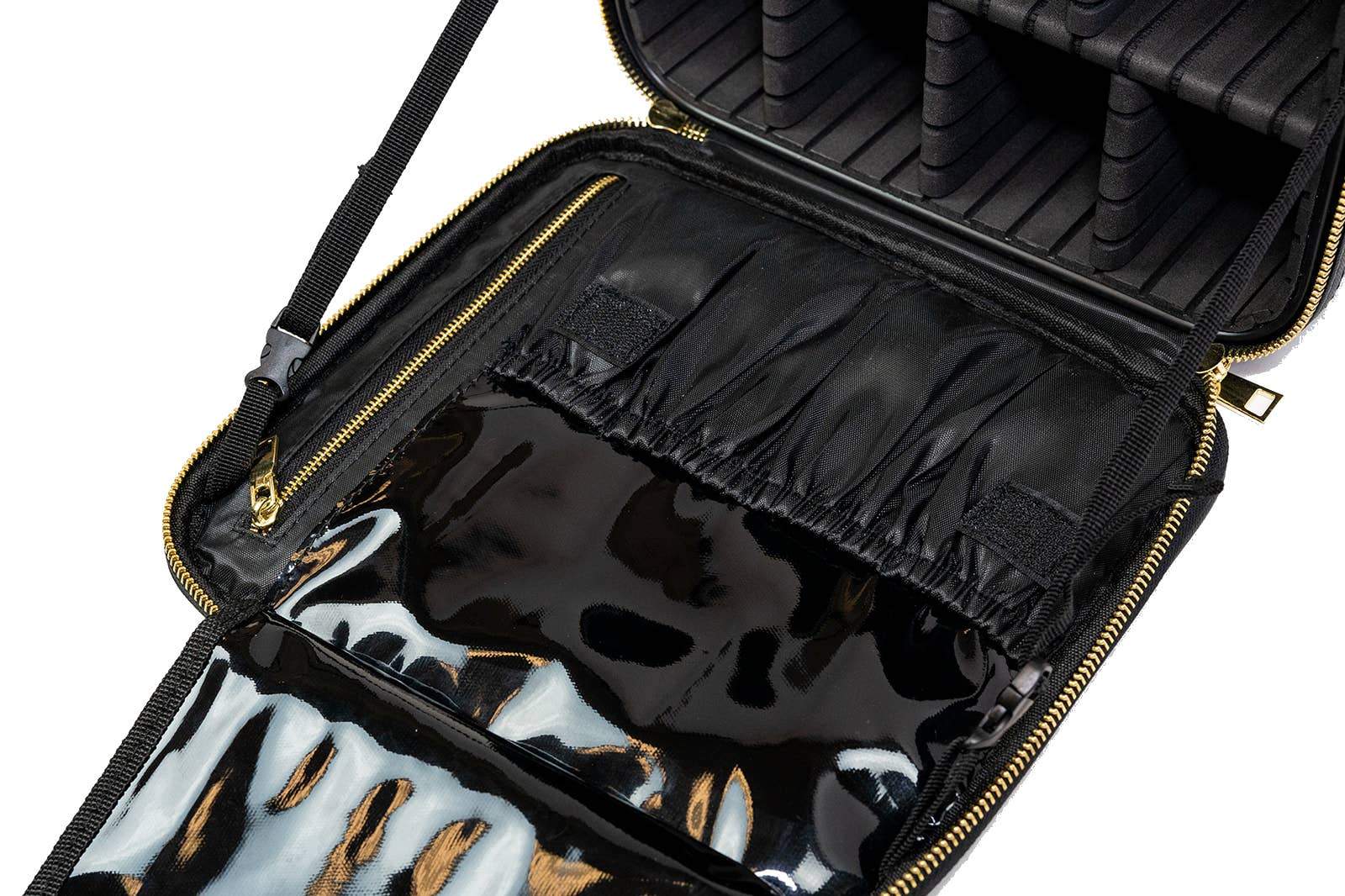 Interior view with of Black Cosmetic Travel Case on a white background-