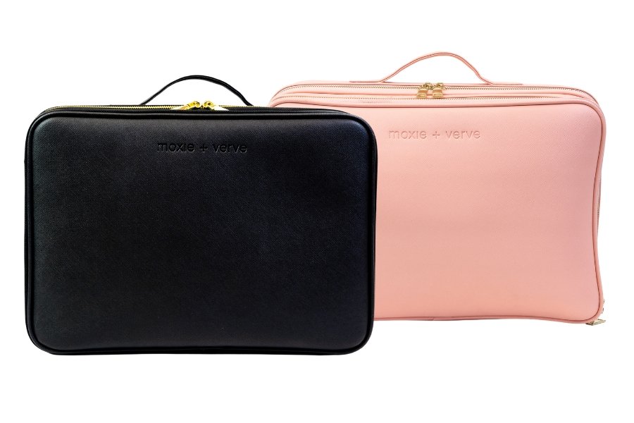 Black and Pink Luxe On The Go Cosmetic Travel Case on.a white background