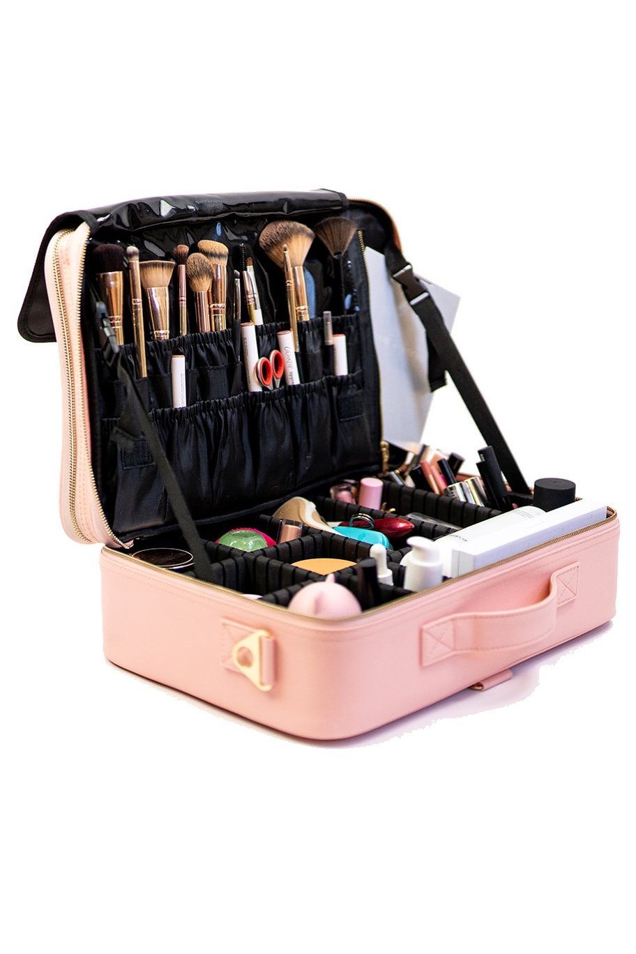 Interior view of Pink Cosmetic Travel Case on.a white background