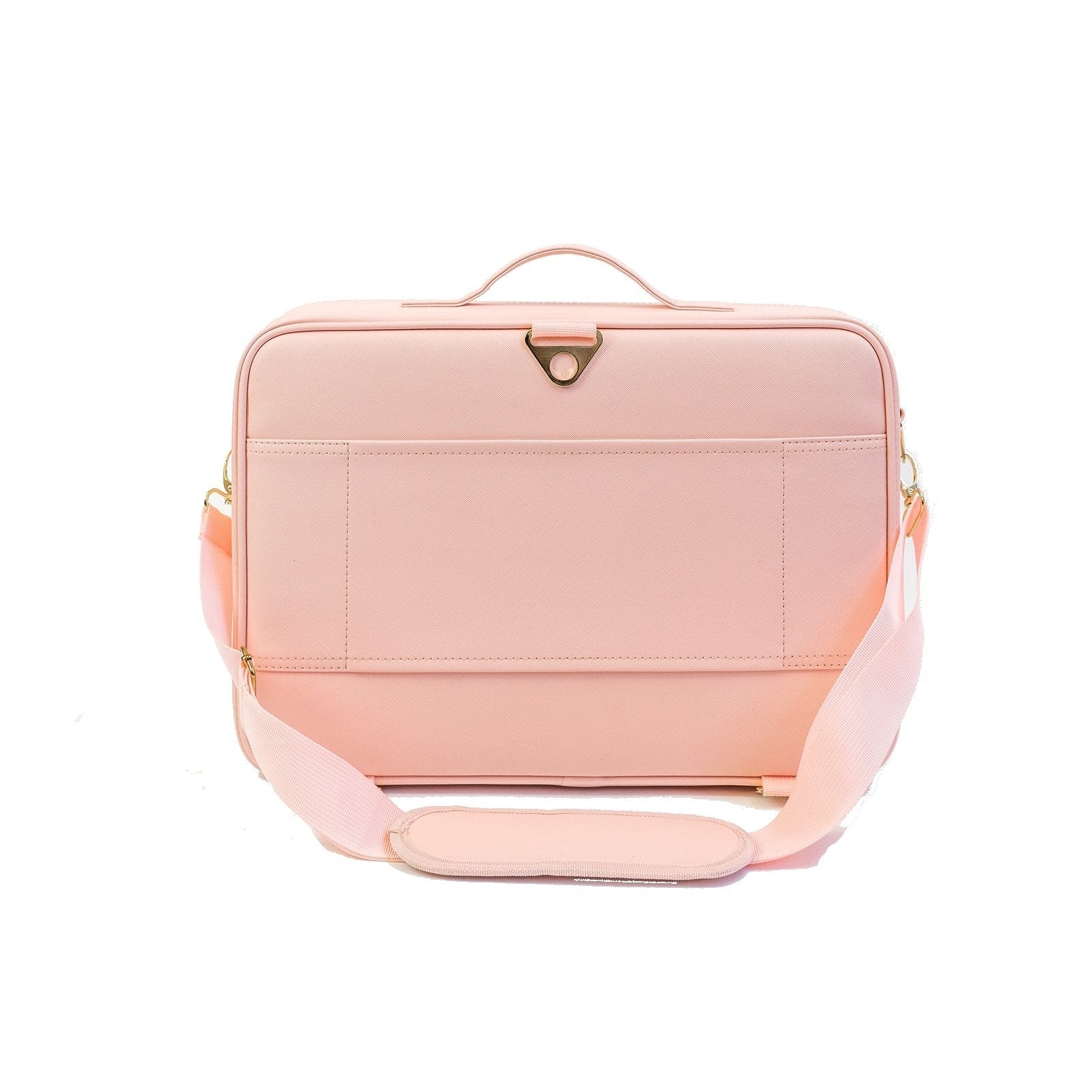 Back view with shoulder strap of Pink Cosmetic Travel Case on a white background-