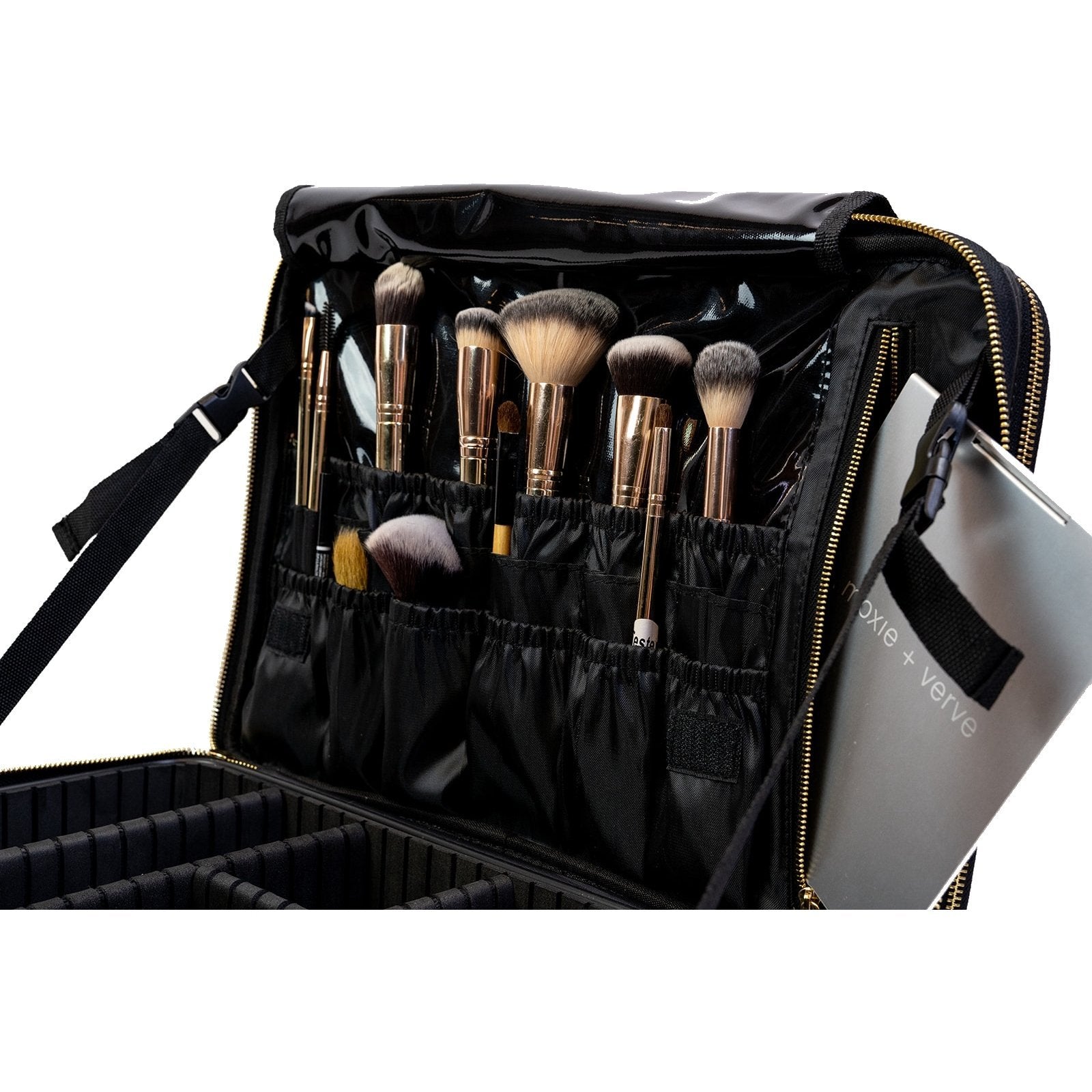 Interior view with shoulder strap of Black Cosmetic Travel Case on a white background