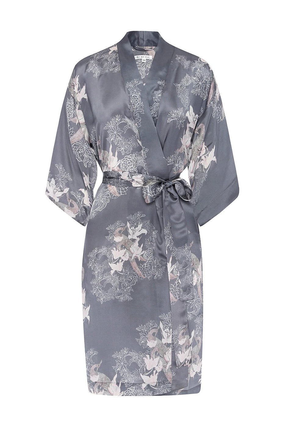 Magical Garden Silk Kimono Robe belted to the side on a white background
