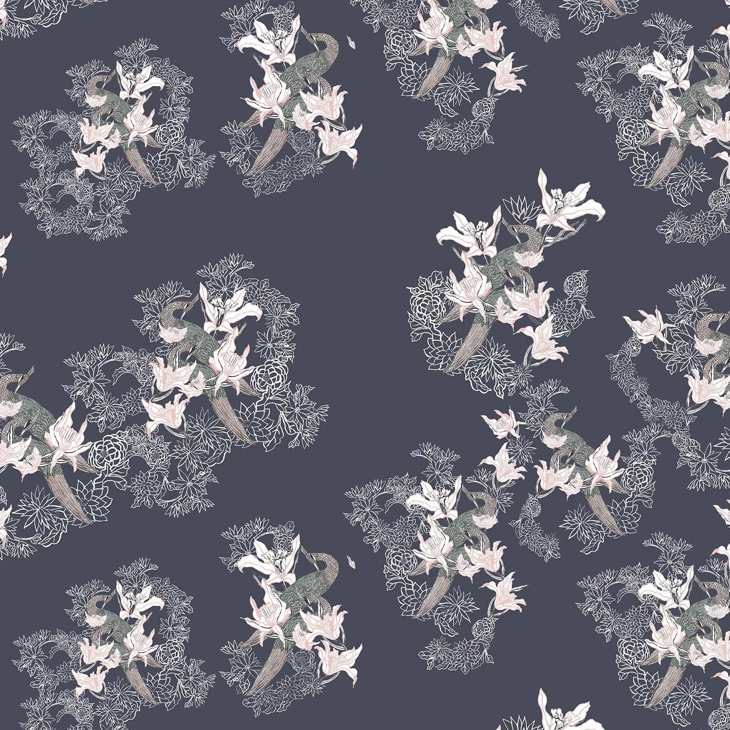 Close up swatch of the Magical Garden Silk Kimono Robe showing white lilies on a deep slate gray backroound