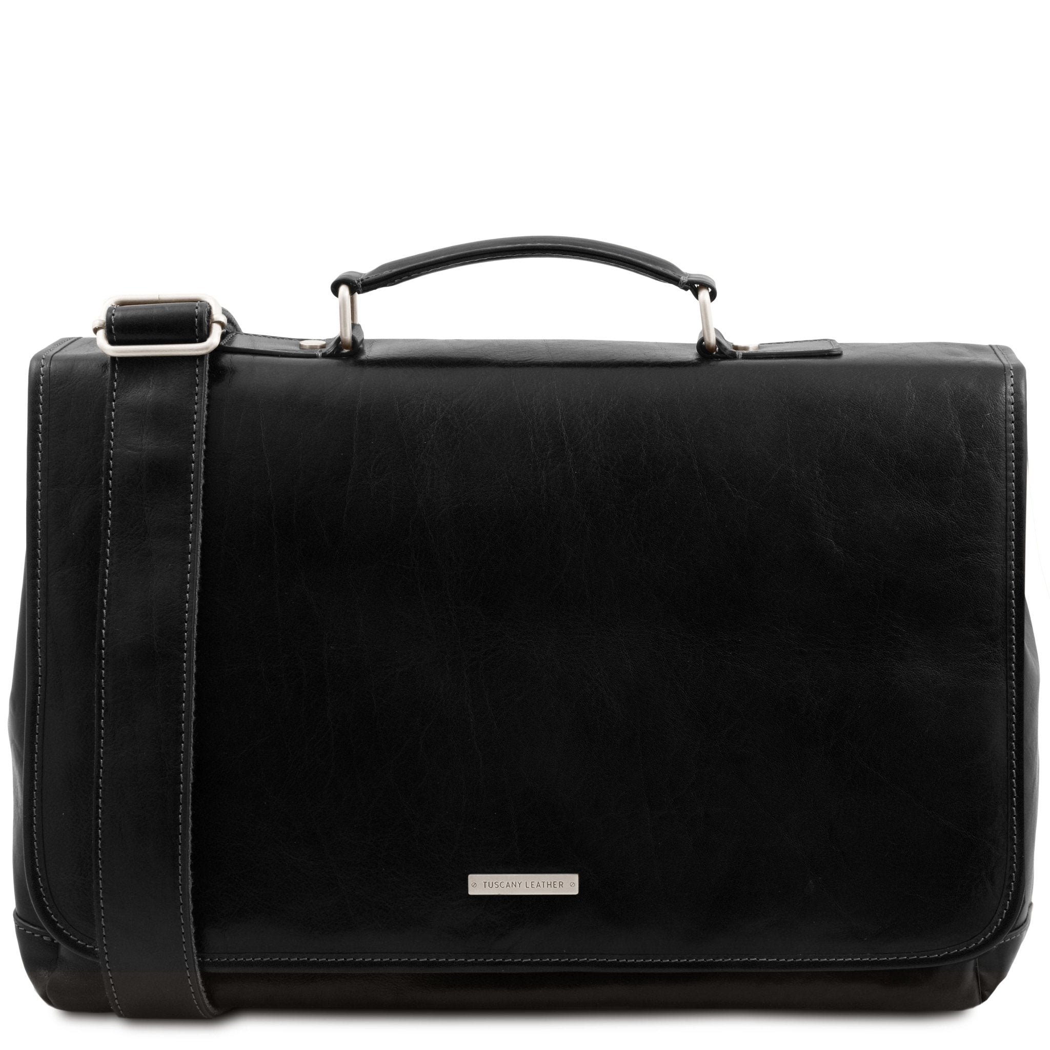 Black Mantova Leather Multi Compartment TL SMART Briefcase With Flap Front View- L'Atelier Global