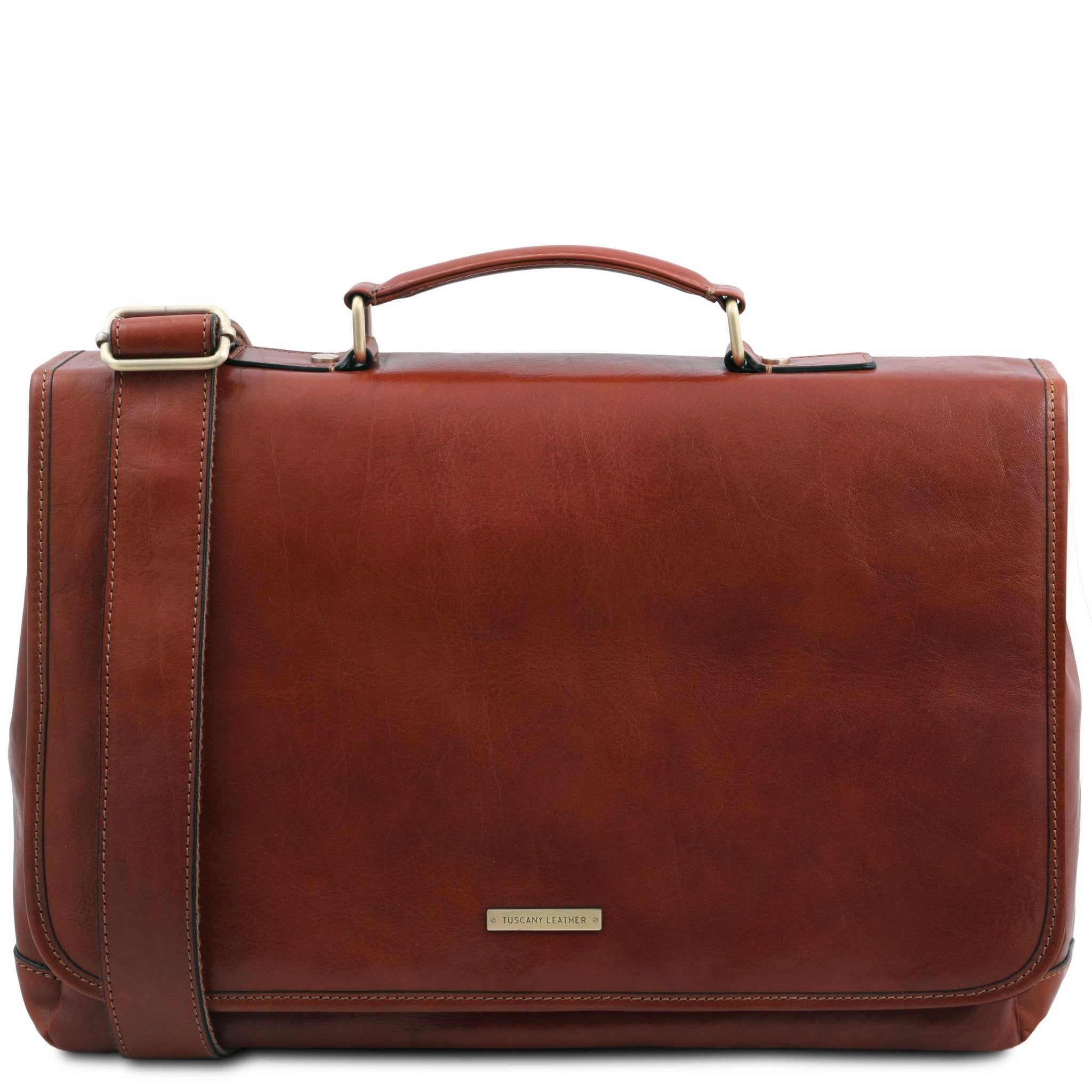 Front view Mantova Leather Multi Compartment TL SMART Briefcase With Flap in Brown- L'Atelier Global