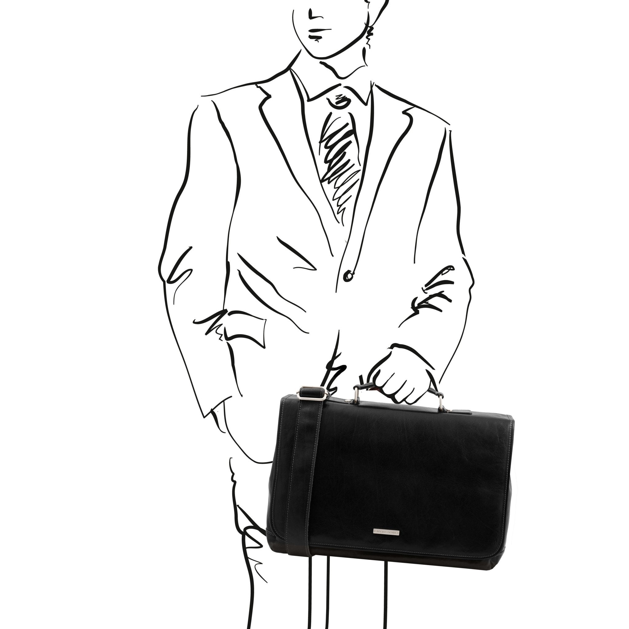 Black Mantova Leather Multi Compartment TL SMART Briefcase With Flap Front View held by a man - L'Atelier Global