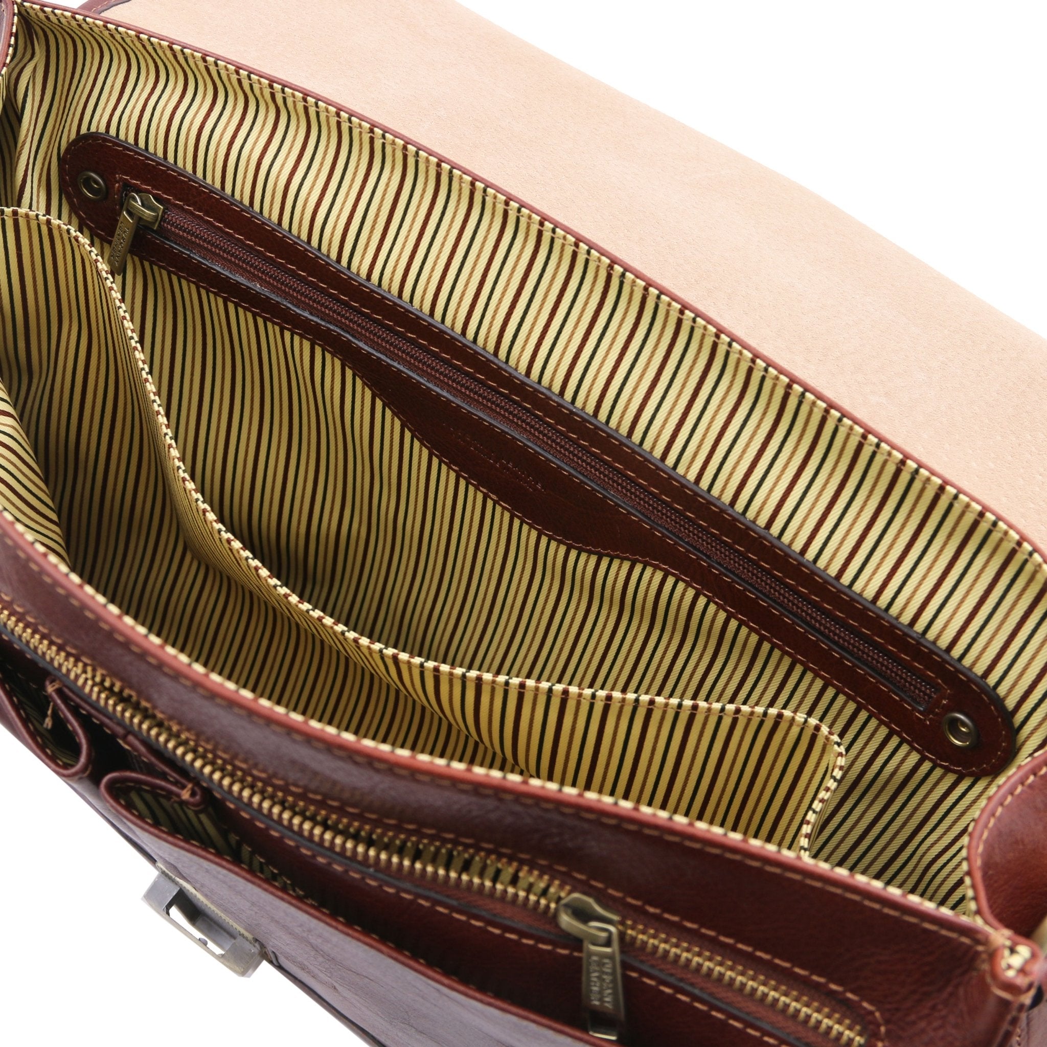 Brown Mantova Leather Multi Compartment TL SMART Briefcase With Flap Interior Zip Pocket View - L'Atelier Global