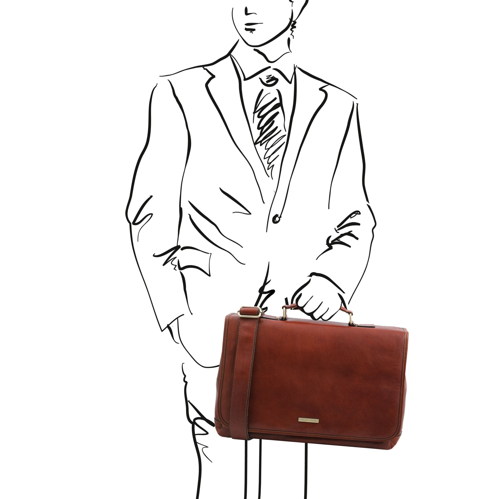 Brown Mantova Leather Multi Compartment TL SMART Briefcase With Flap Front View held by a man - L'Atelier Global