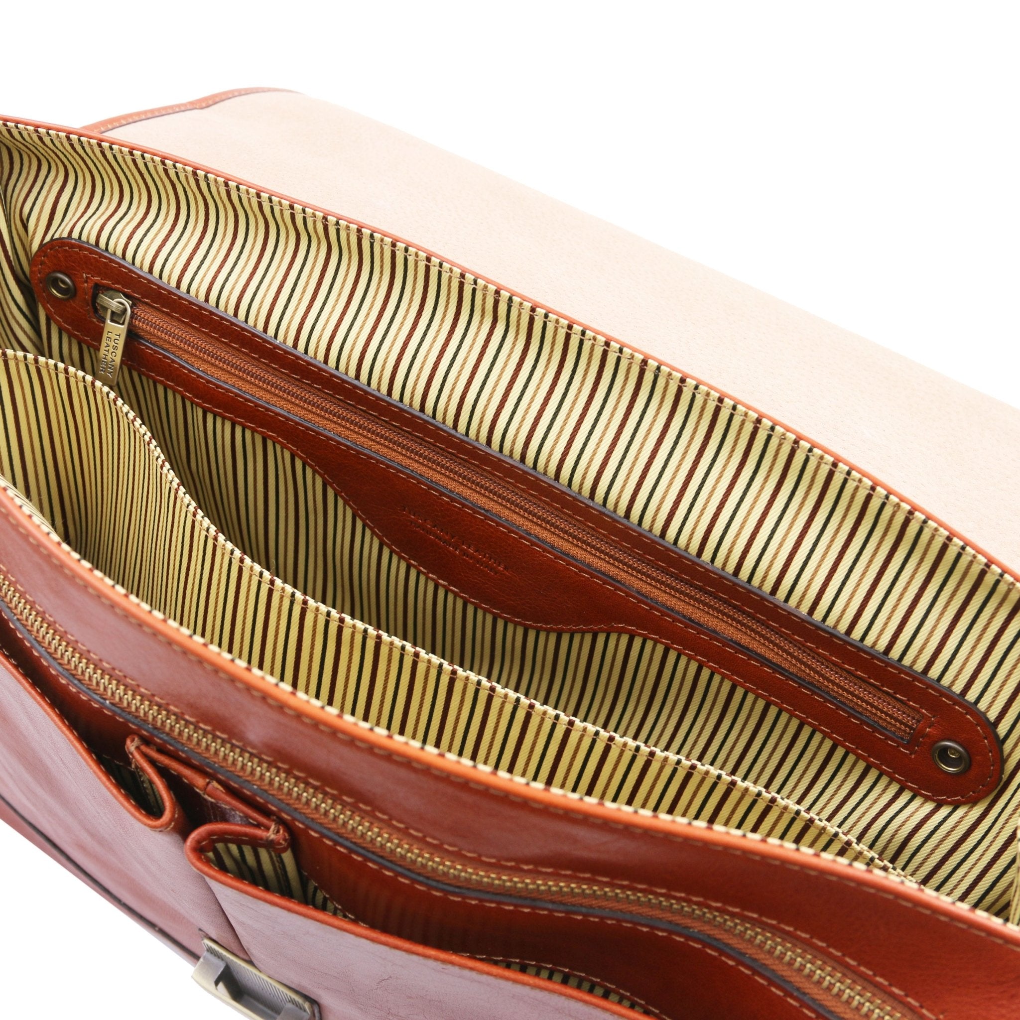 Honey Mantova Leather Multi Compartment TL SMART Briefcase With Flap Interior Zip Pocket View - L'Atelier Global