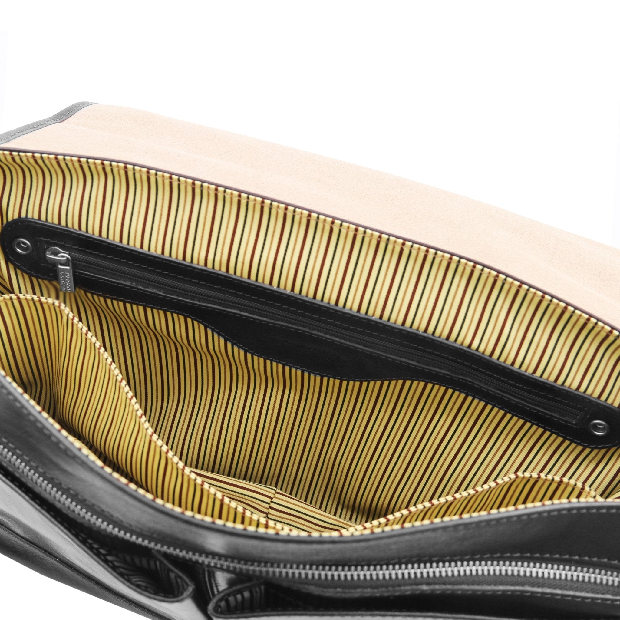 Black Mantova Leather Multi Compartment TL SMART Briefcase With Flap Interior Zip Pocket View - L'Atelier Global