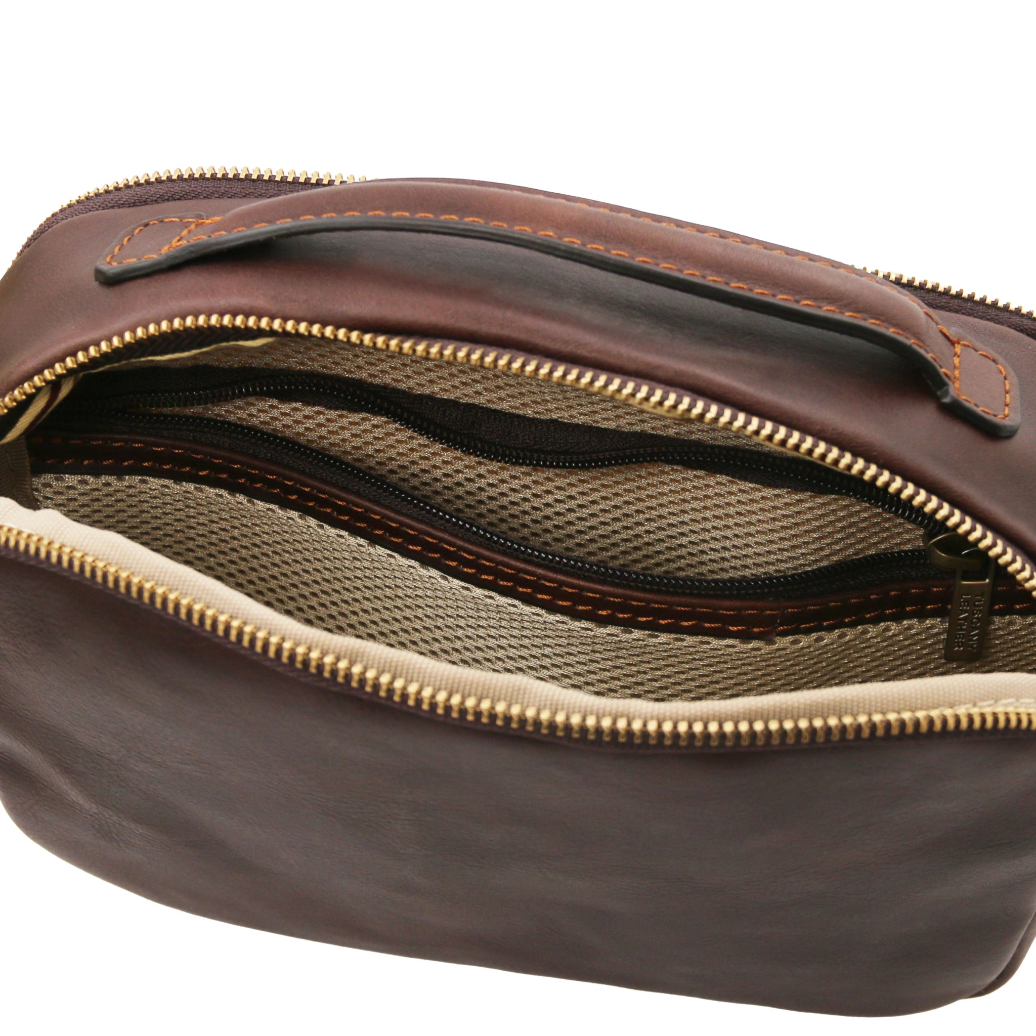 Interior view Marvin Italian Leather Toiletry Bag in Dark Brown showing central zippered pocket and top handle