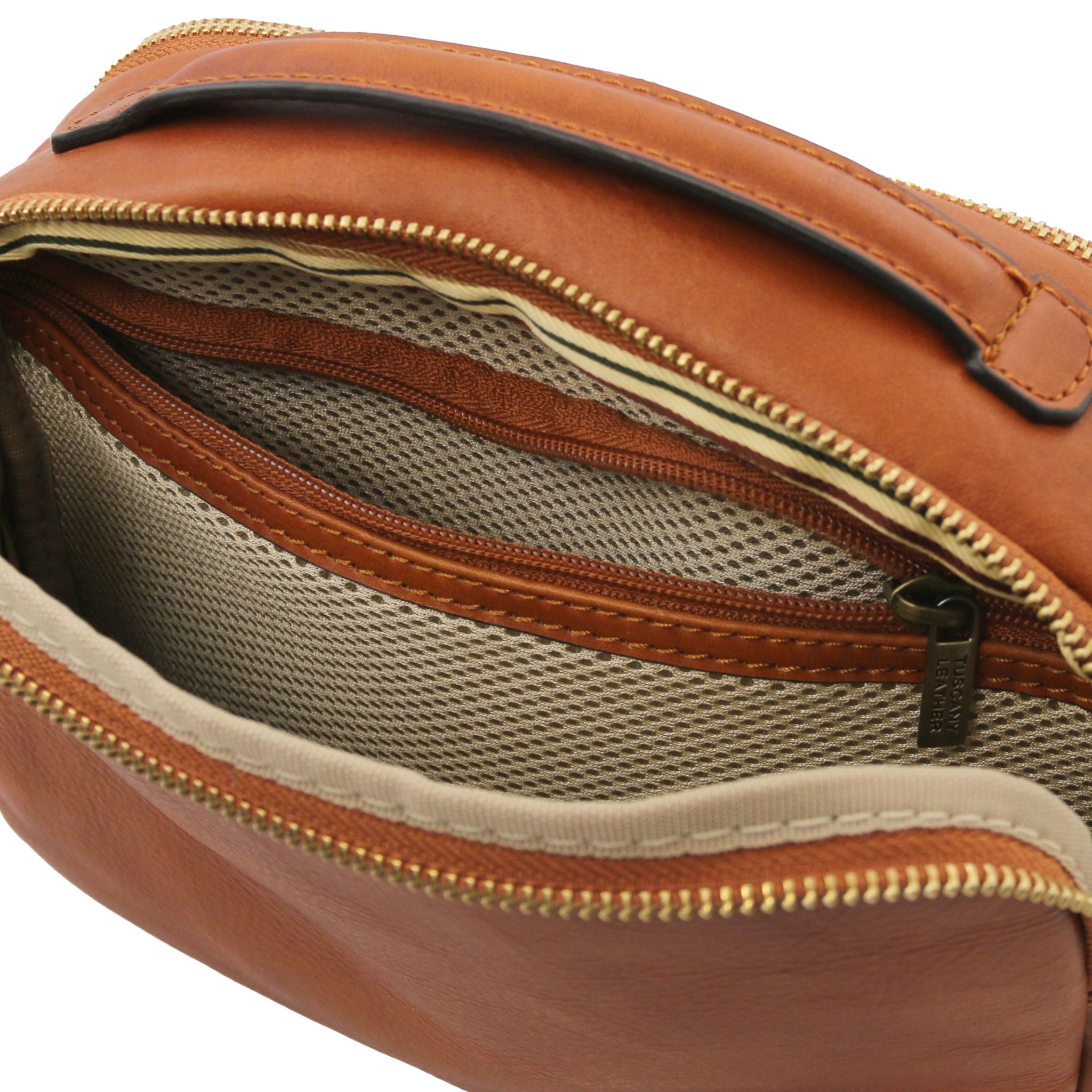 Interior view Marvin Italian Leather Toiletry Bag in Natural showing central zippered pocket and top handle