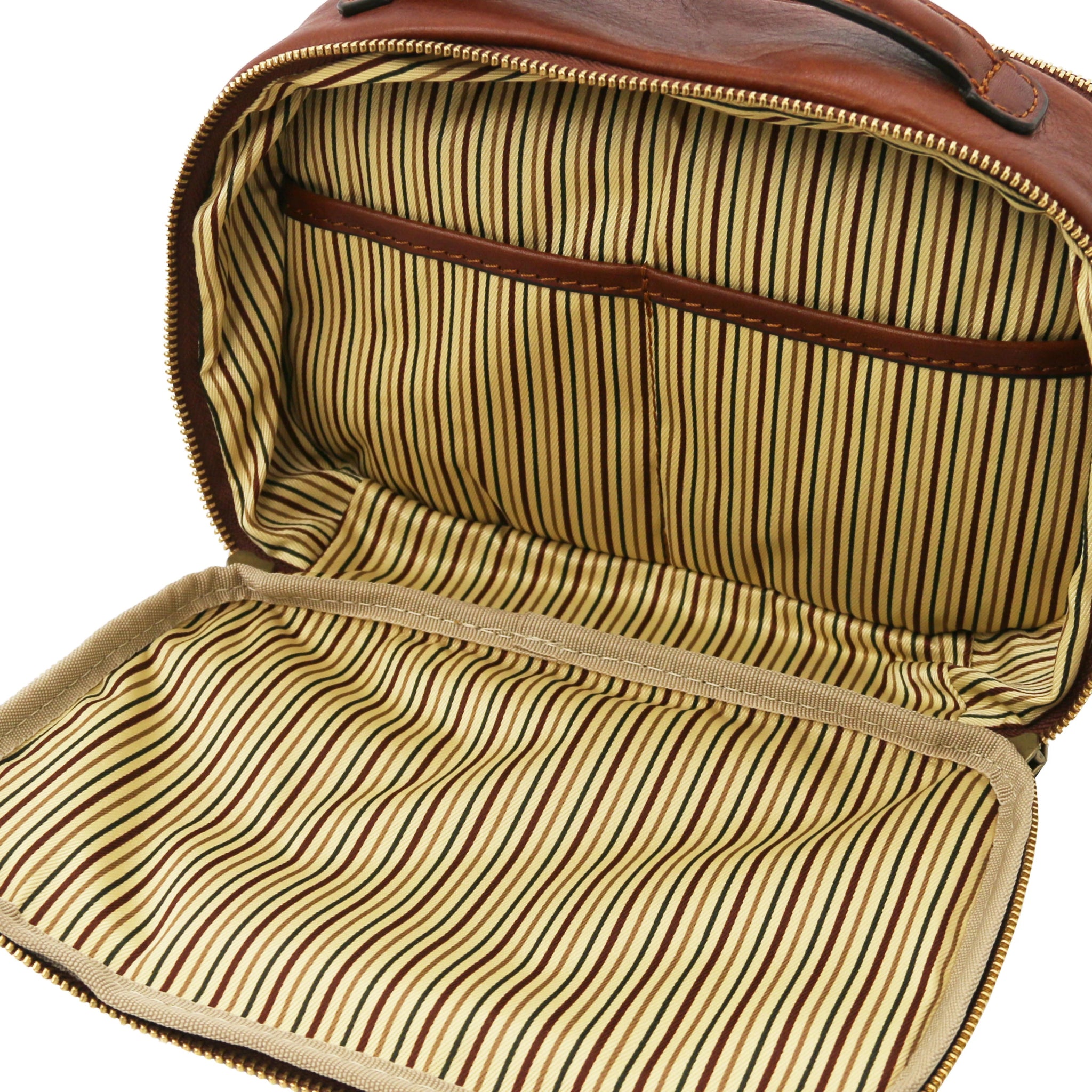 Interior view Marvin Italian Leather Toiletry Bag in Brown showing vintage striped ticking lining and large opened pocket