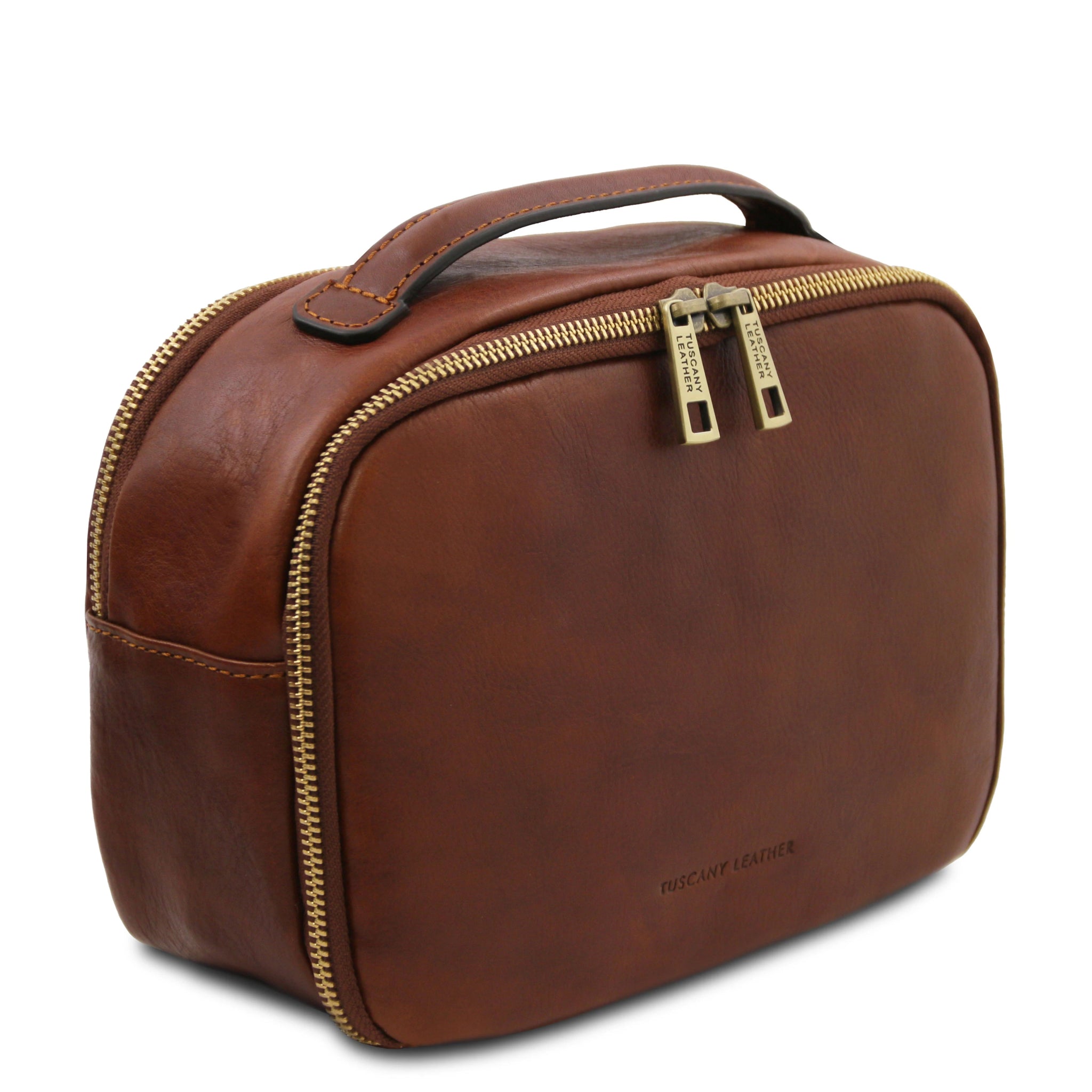 Side view Marvin Italian Leather Toiletry Bag in Brown on a white background