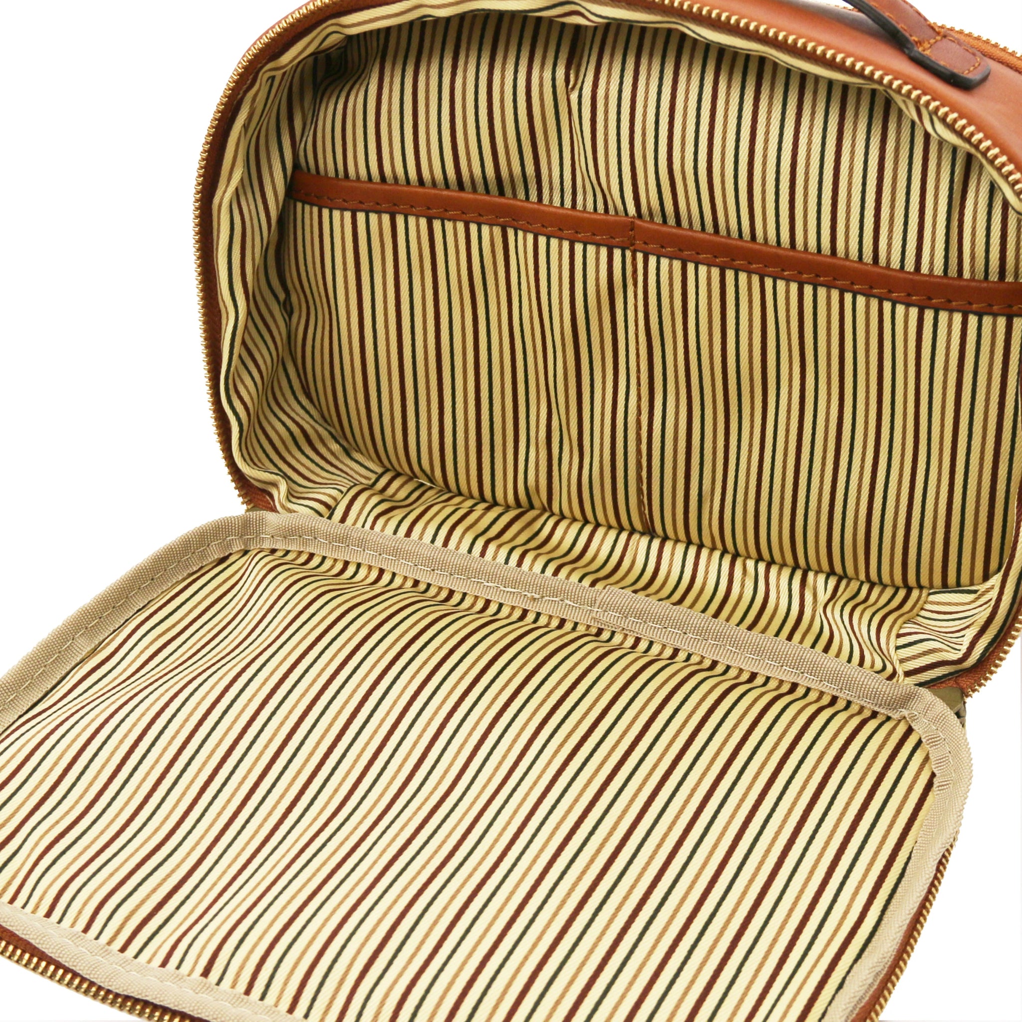 Interior view Marvin Italian Leather Toiletry Bag in Natural showing vintage striped ticking lining and large opened pocket