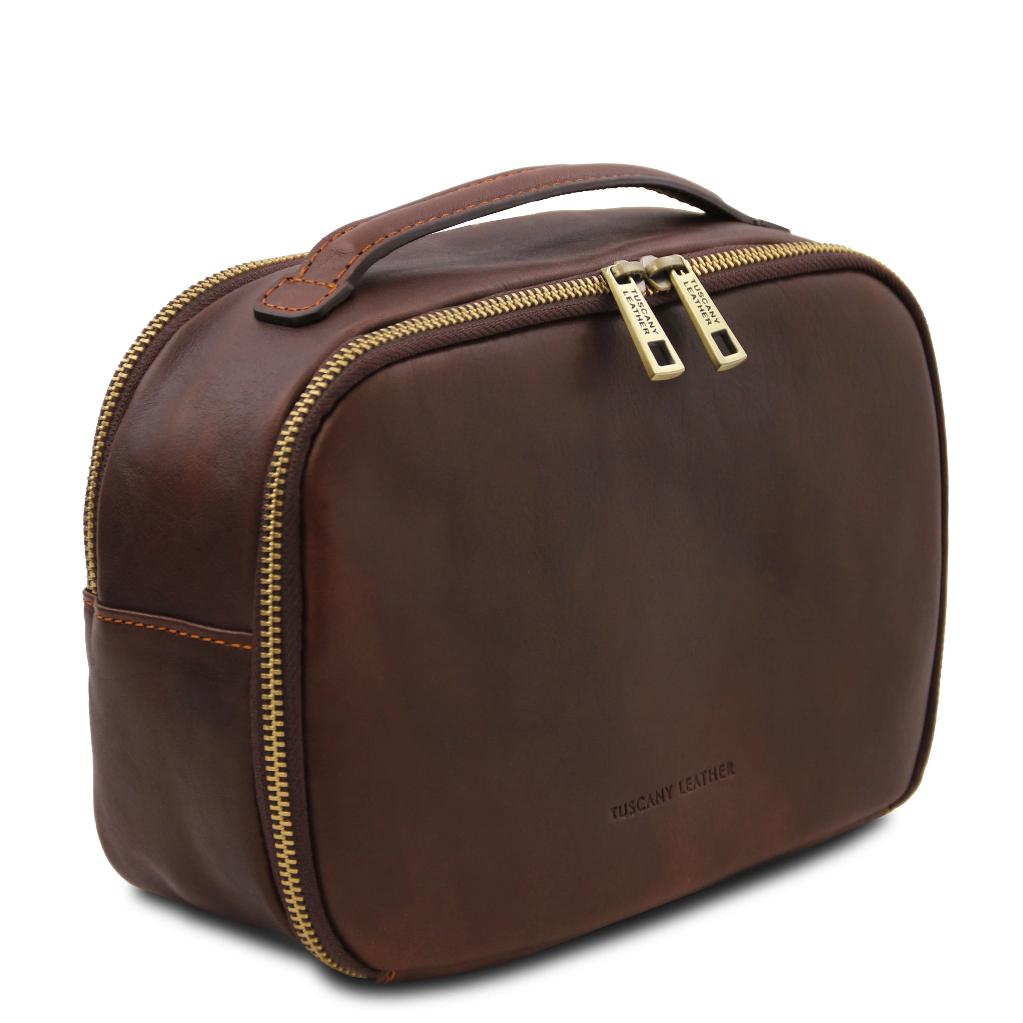 Side view Marvin Italian Leather Toiletry Bag in Dark Brown on a white background
