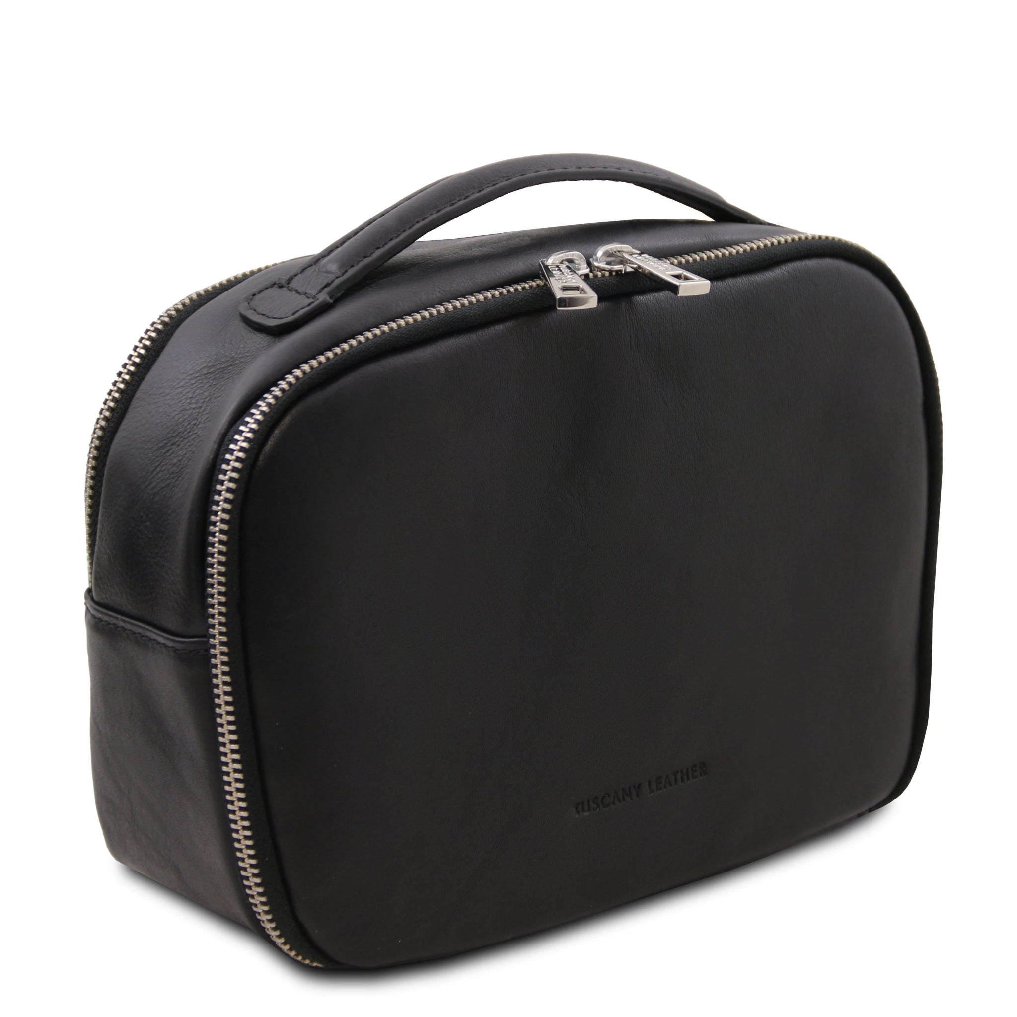 Side view Marvin Italian Leather Toiletry Bag in Black on a white background