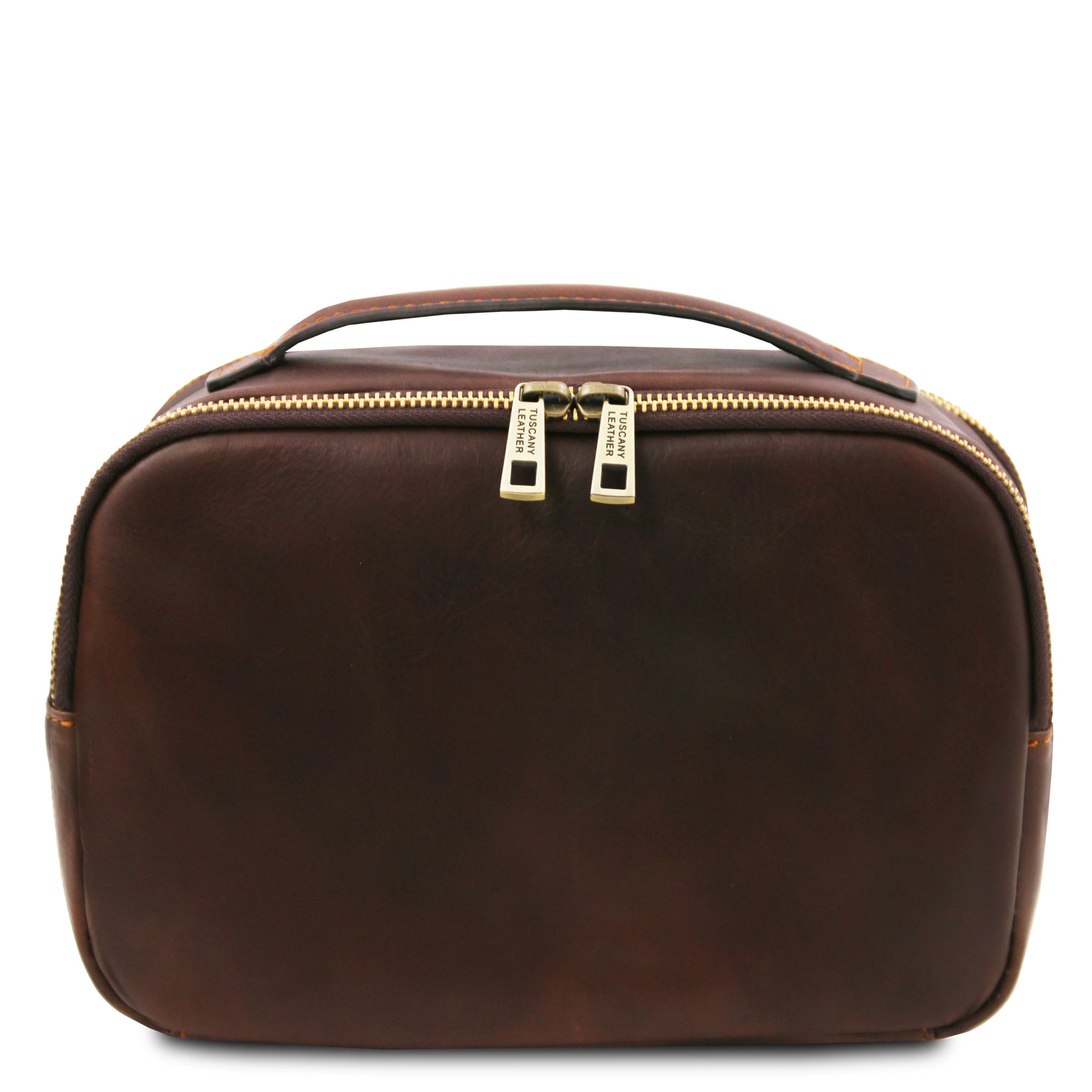 Back view Marvin Italian Leather Toiletry Bag in Dark Brown on a white background