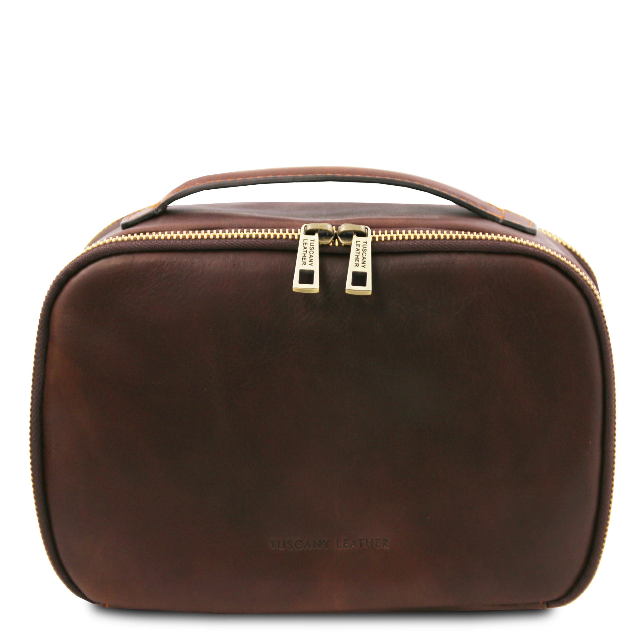 Front view Marvin Italian Leather Toiletry Bag in Dark Brown on a white background