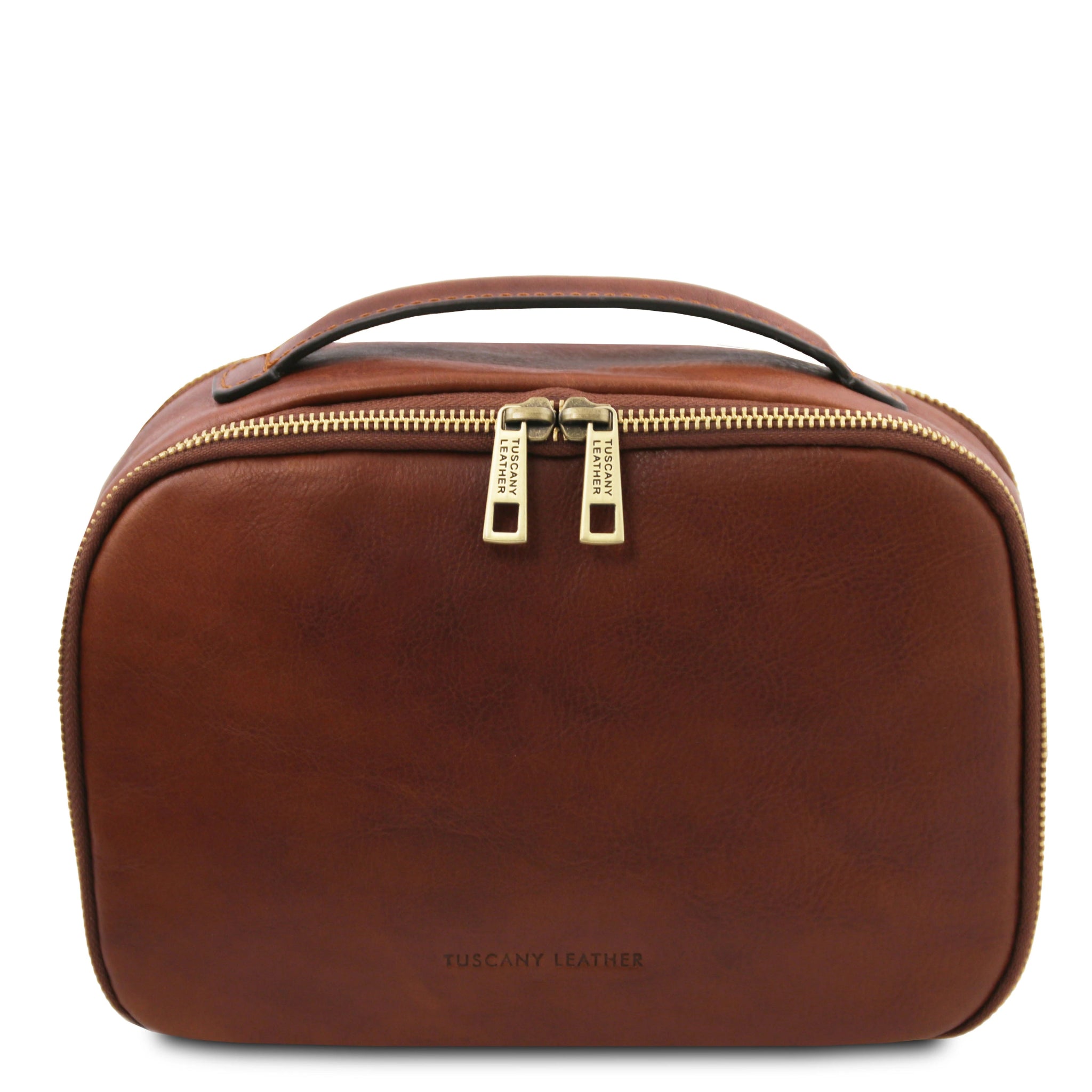 Front view Marvin Italian Leather Toiletry Bag in Brown on a white background